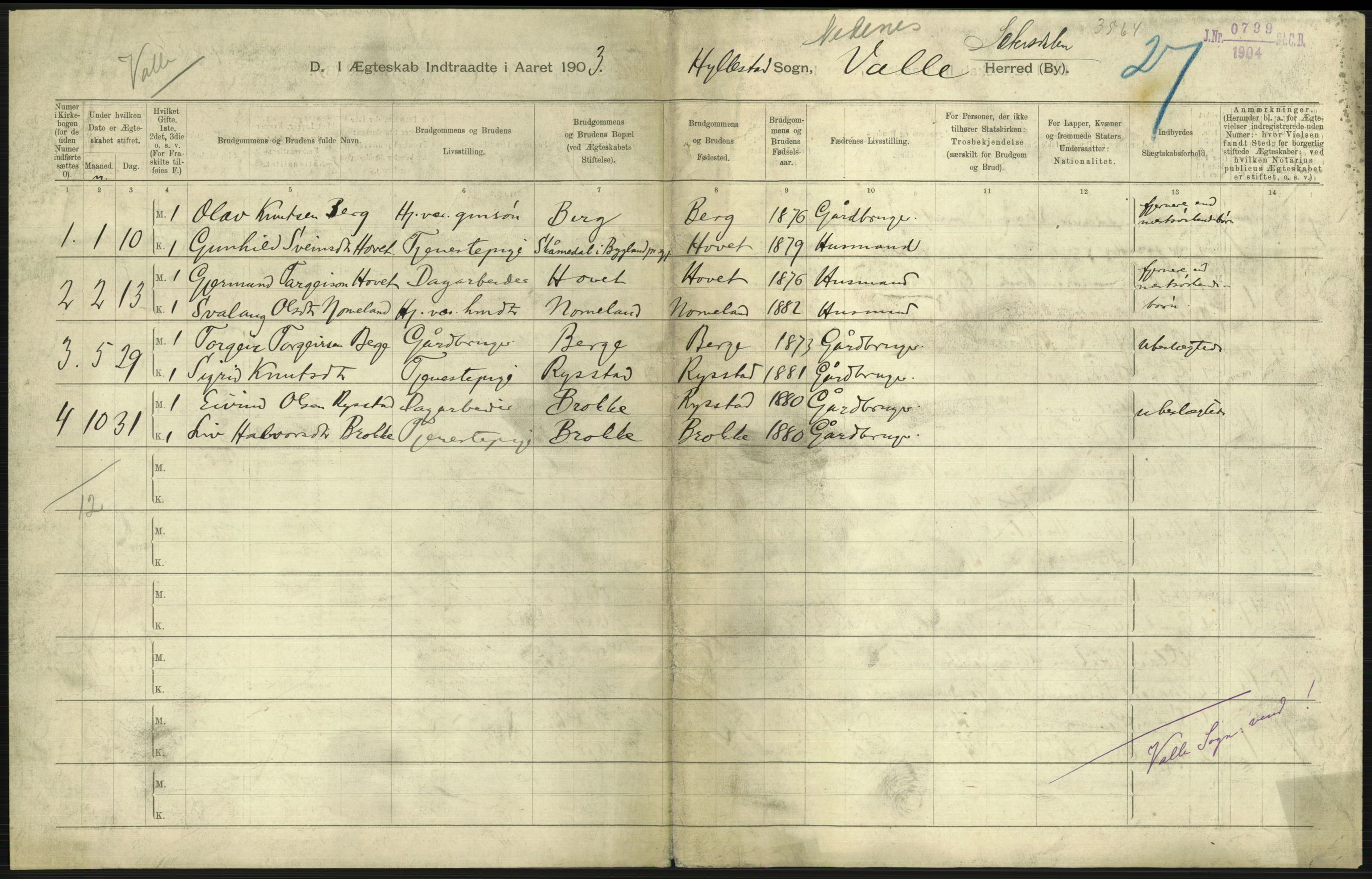 Statistisk sentralbyrå, Sosiodemografiske emner, Befolkning, AV/RA-S-2228/D/Df/Dfa/Dfaa/L0010: Nedenes amt: Fødte, gifte, døde, 1903, p. 261