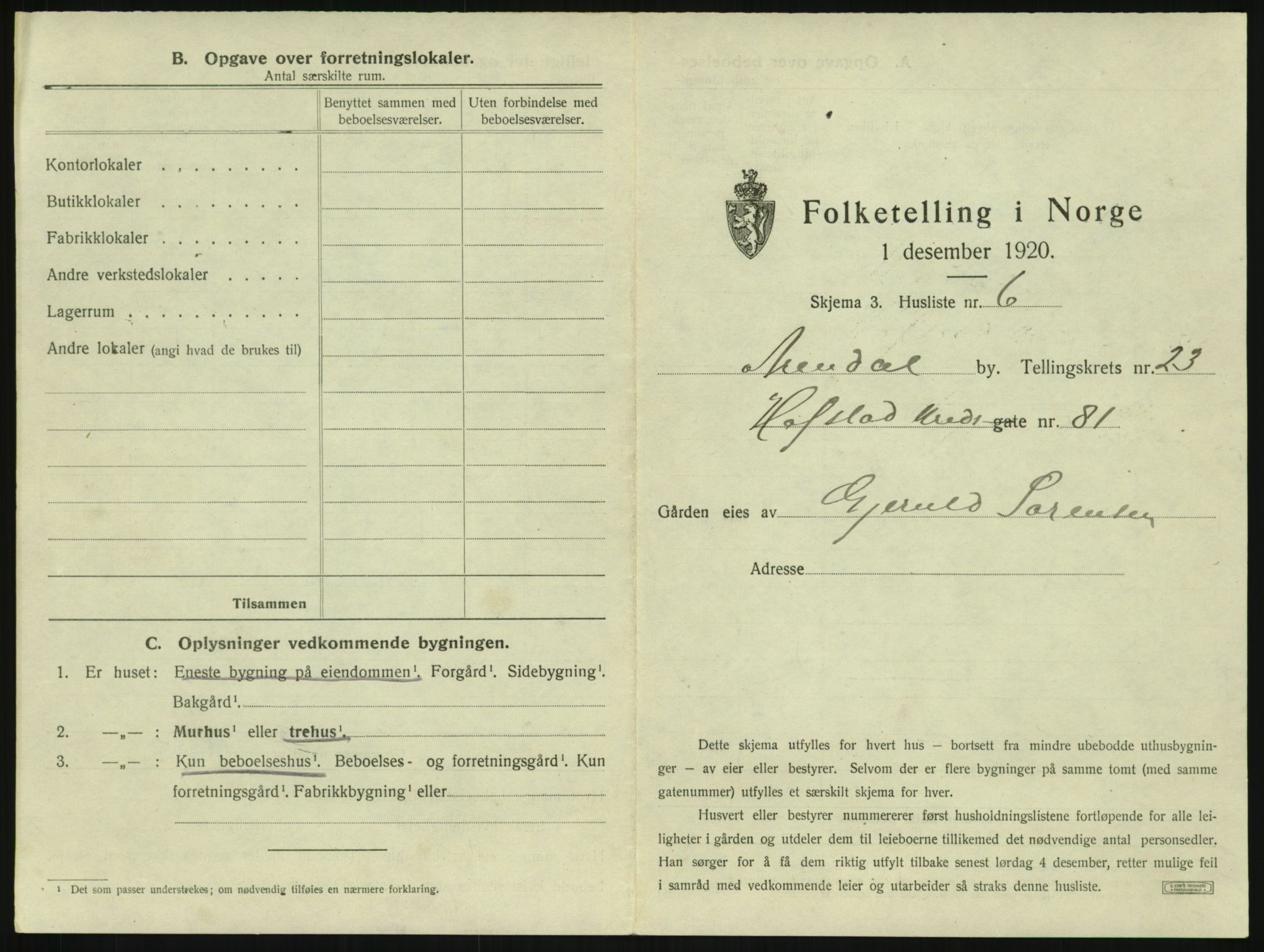 SAK, 1920 census for Arendal, 1920, p. 3572