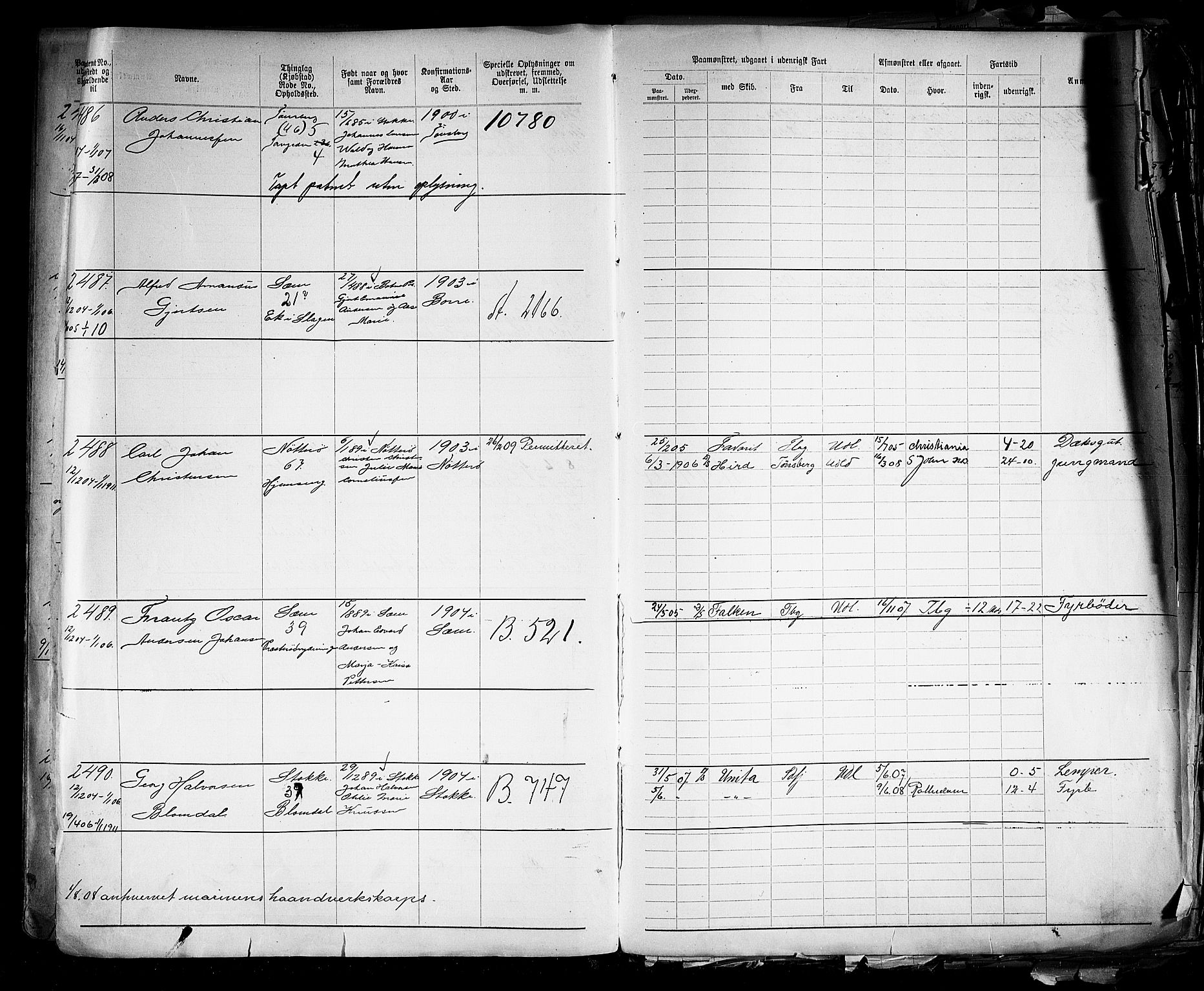 Tønsberg innrulleringskontor, AV/SAKO-A-786/F/Fb/L0005: Annotasjonsrulle Patent nr. 2401-4080, 1904-1910, p. 21