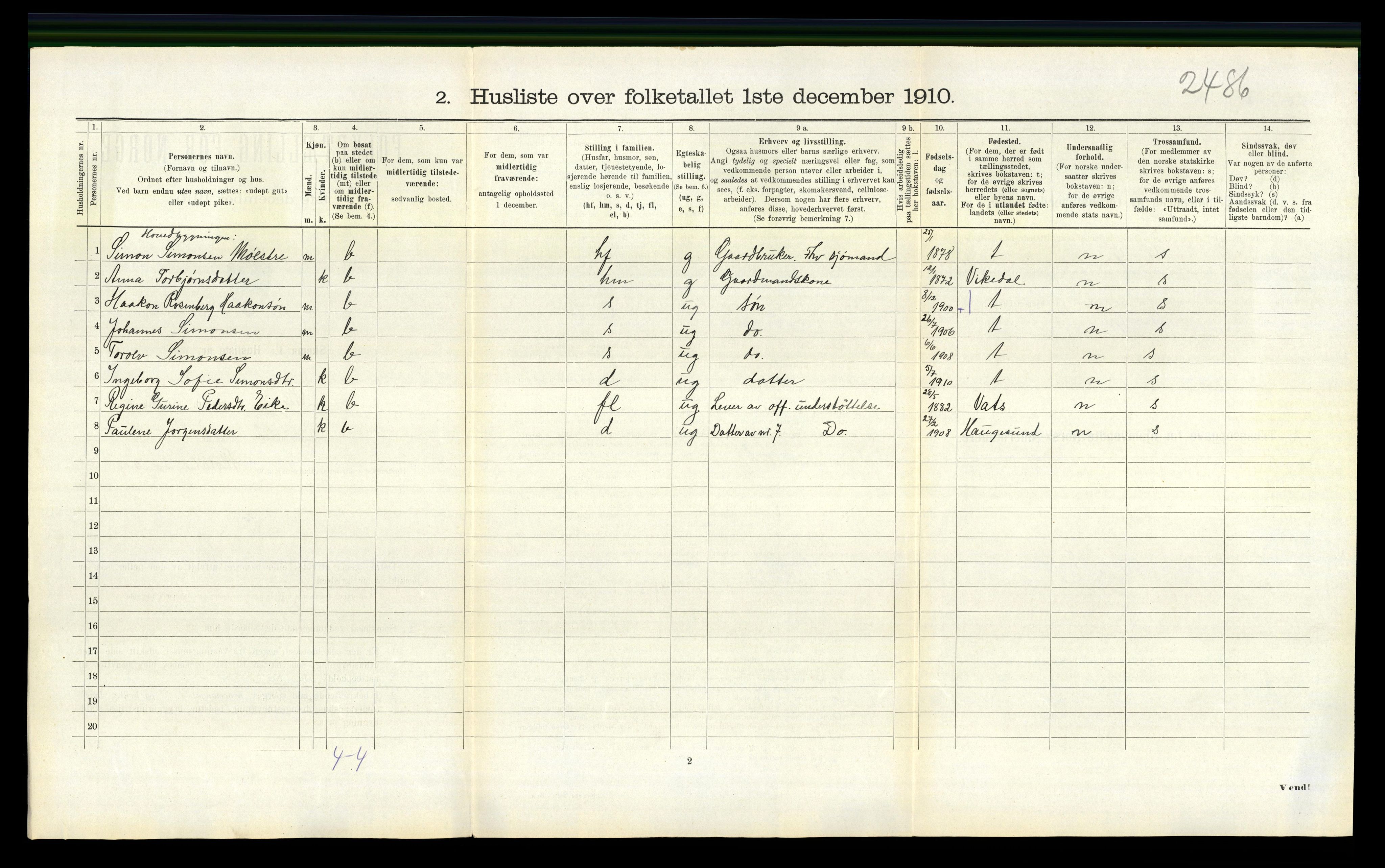 RA, 1910 census for Sveio, 1910, p. 295