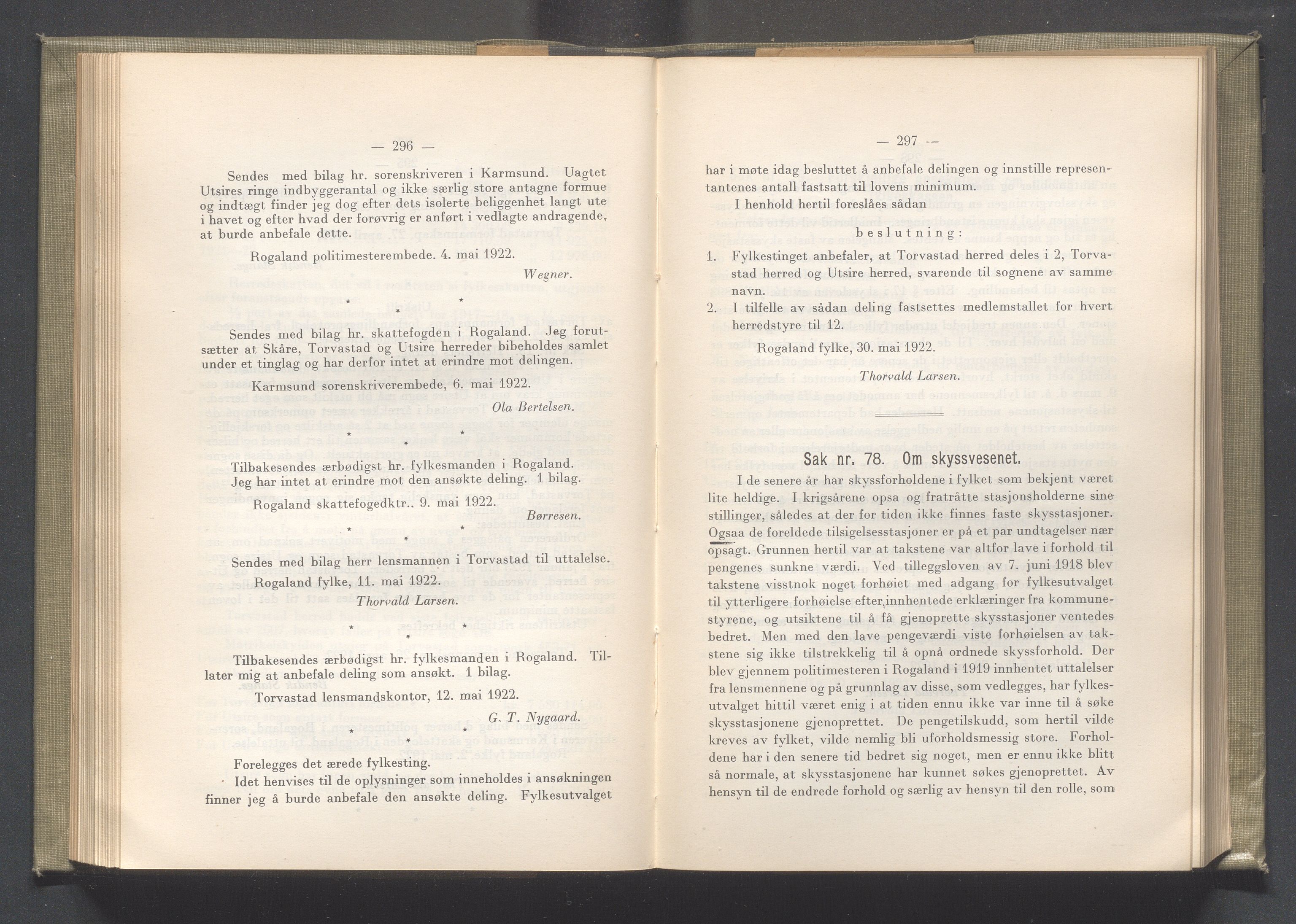 Rogaland fylkeskommune - Fylkesrådmannen , IKAR/A-900/A/Aa/Aaa/L0041: Møtebok , 1922, p. 296-297
