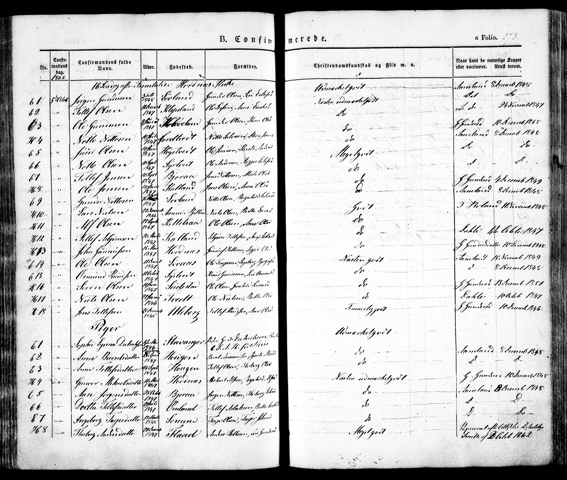 Evje sokneprestkontor, AV/SAK-1111-0008/F/Fa/Faa/L0005: Parish register (official) no. A 5, 1843-1865, p. 273