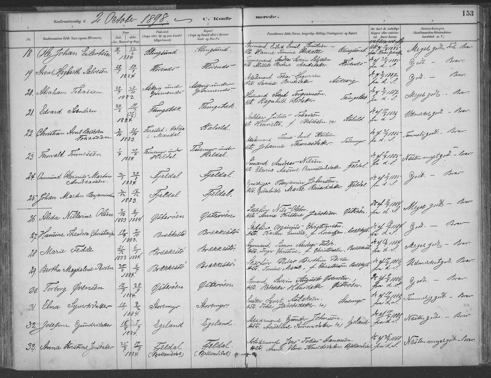 Vestre Moland sokneprestkontor, AV/SAK-1111-0046/F/Fa/Fab/L0009: Parish register (official) no. A 9, 1884-1899, p. 153