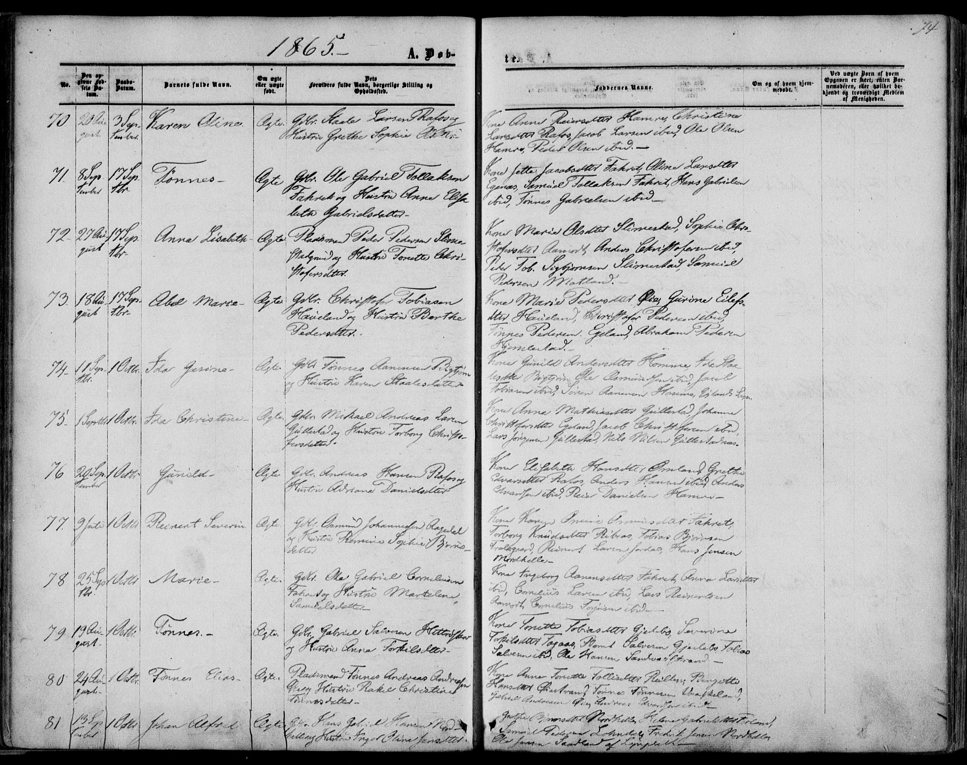 Kvinesdal sokneprestkontor, SAK/1111-0026/F/Fa/Fab/L0006: Parish register (official) no. A 6, 1857-1869, p. 74
