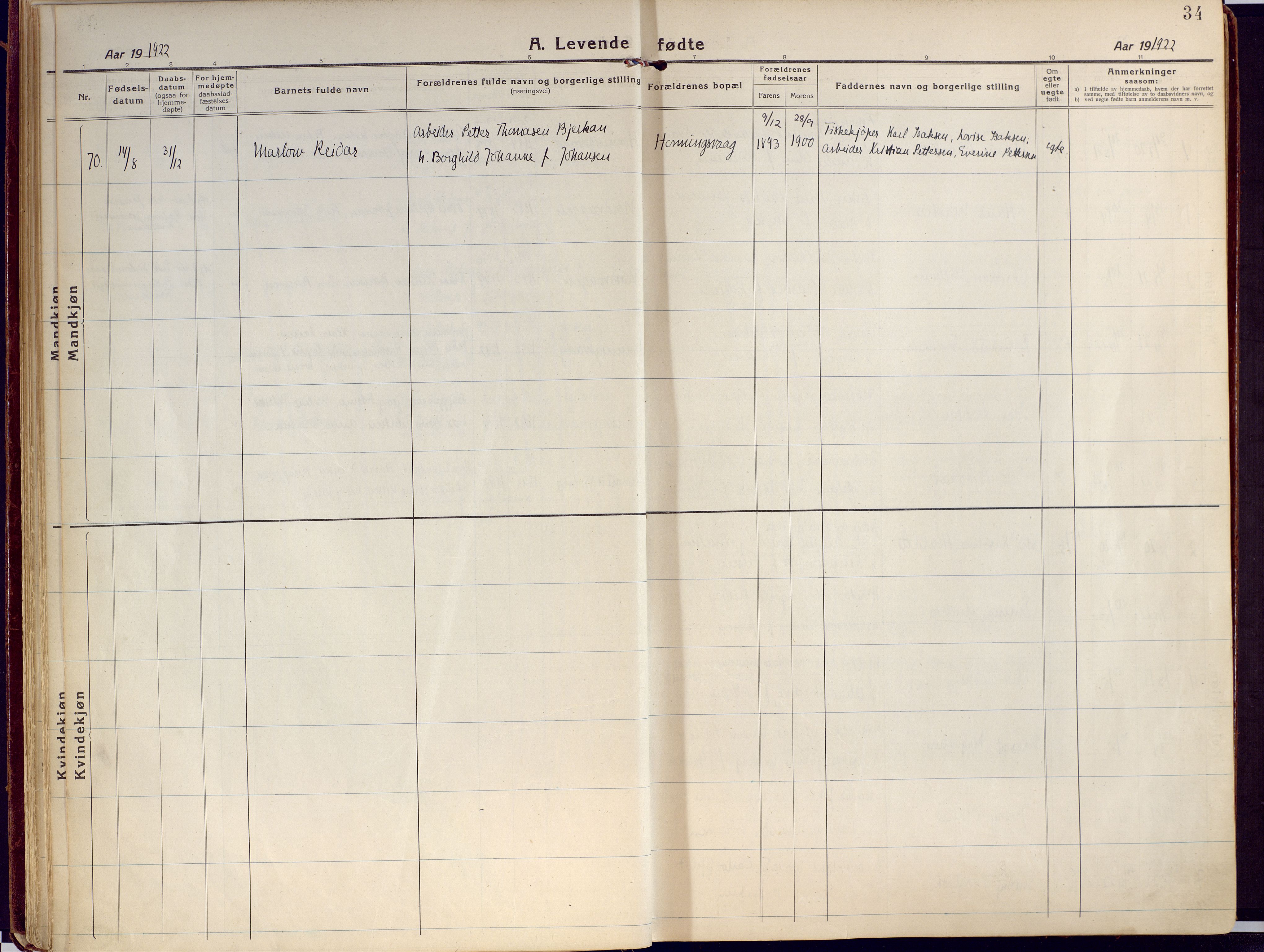 Kjelvik/Nordkapp sokneprestkontor, SATØ/S-1350/H/Ha/L0002kirke: Parish register (official) no. 2, 1920-1929, p. 34