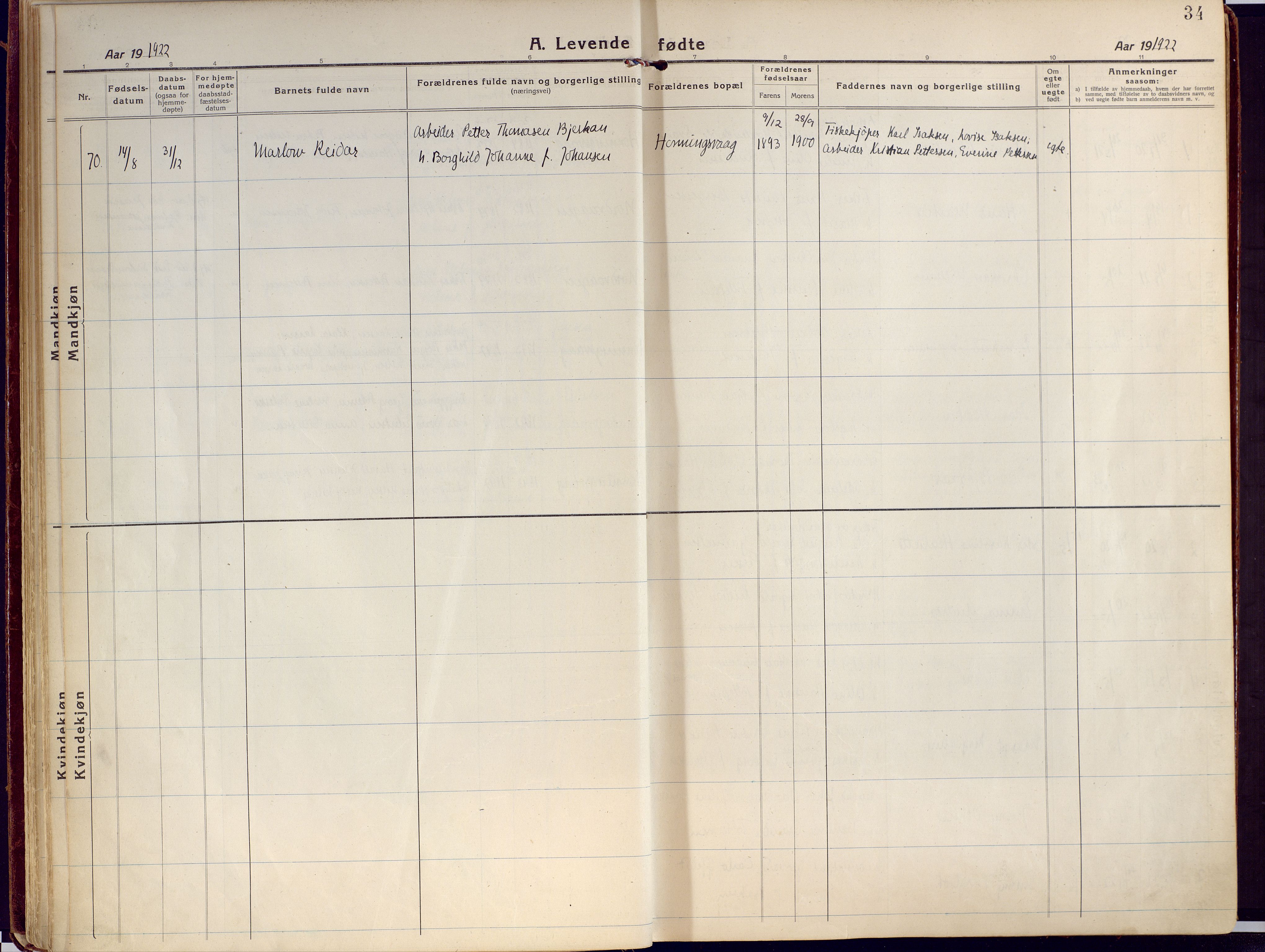 Kjelvik/Nordkapp sokneprestkontor, AV/SATØ-S-1350/H/Ha/L0002kirke: Parish register (official) no. 2, 1920-1929, p. 34