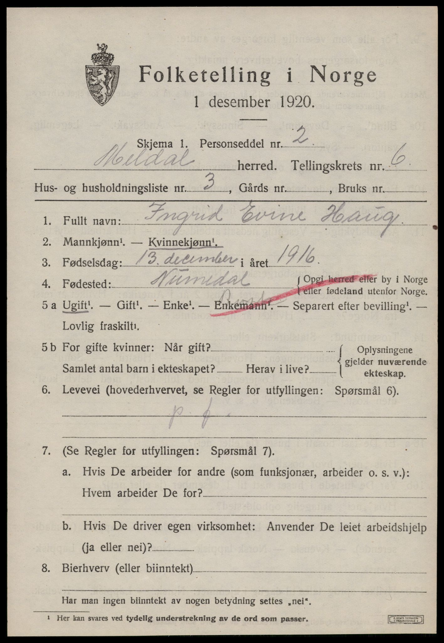 SAT, 1920 census for Meldal, 1920, p. 5909