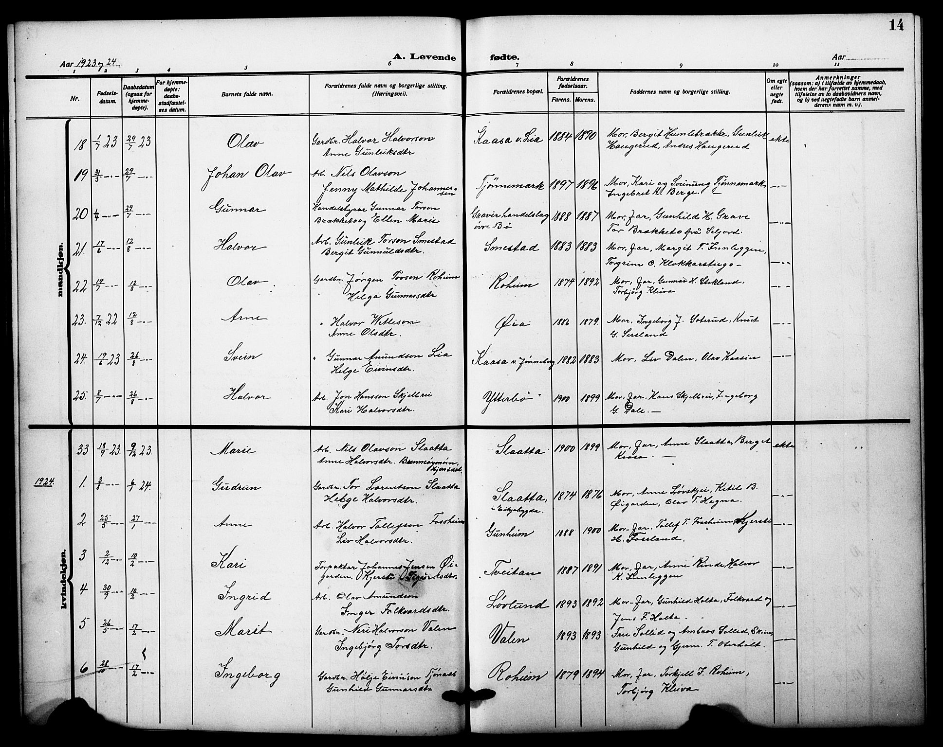 Bø kirkebøker, AV/SAKO-A-257/G/Ga/L0008: Parish register (copy) no. 8, 1920-1930, p. 14