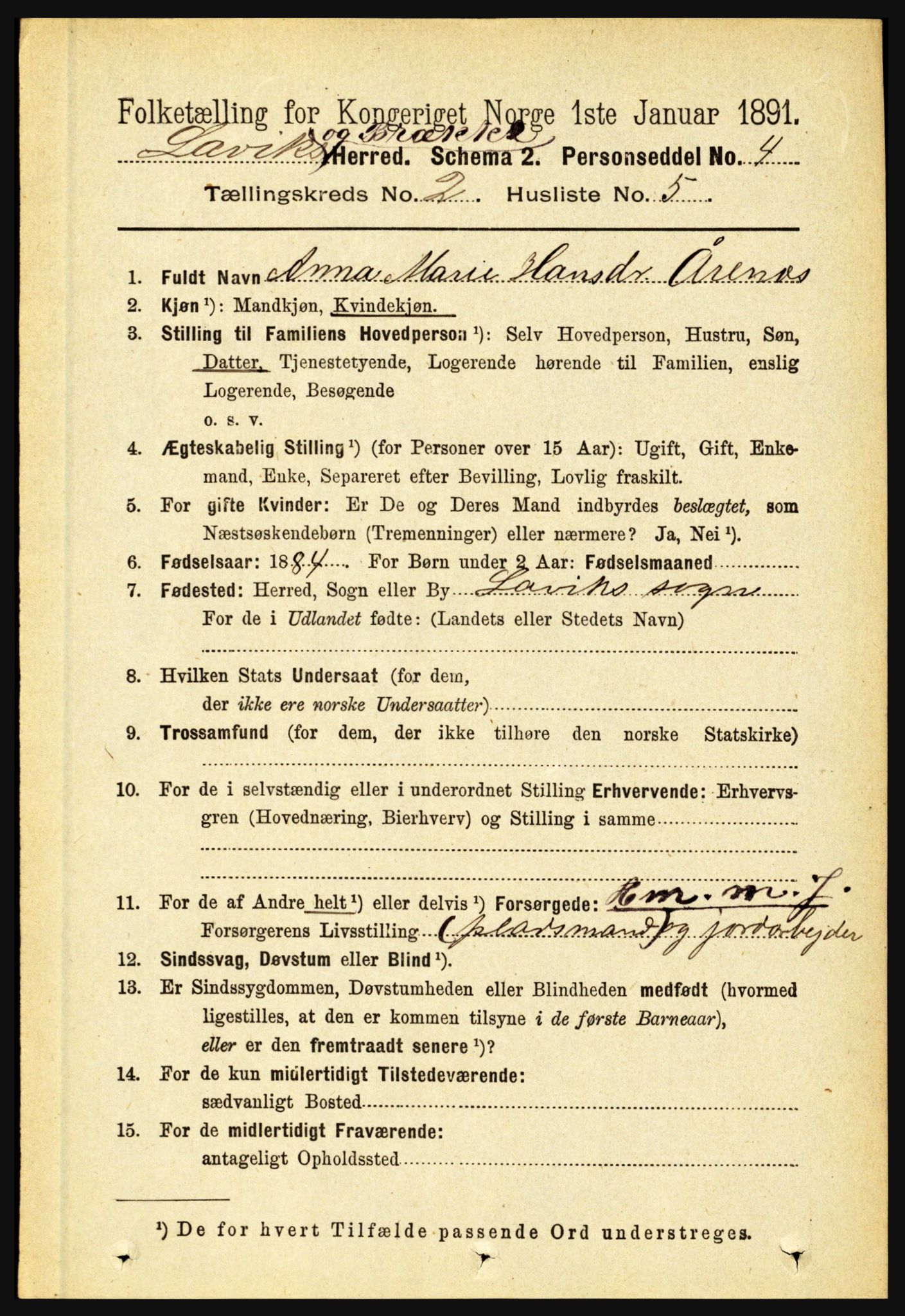 RA, 1891 census for 1415 Lavik og Brekke, 1891, p. 321