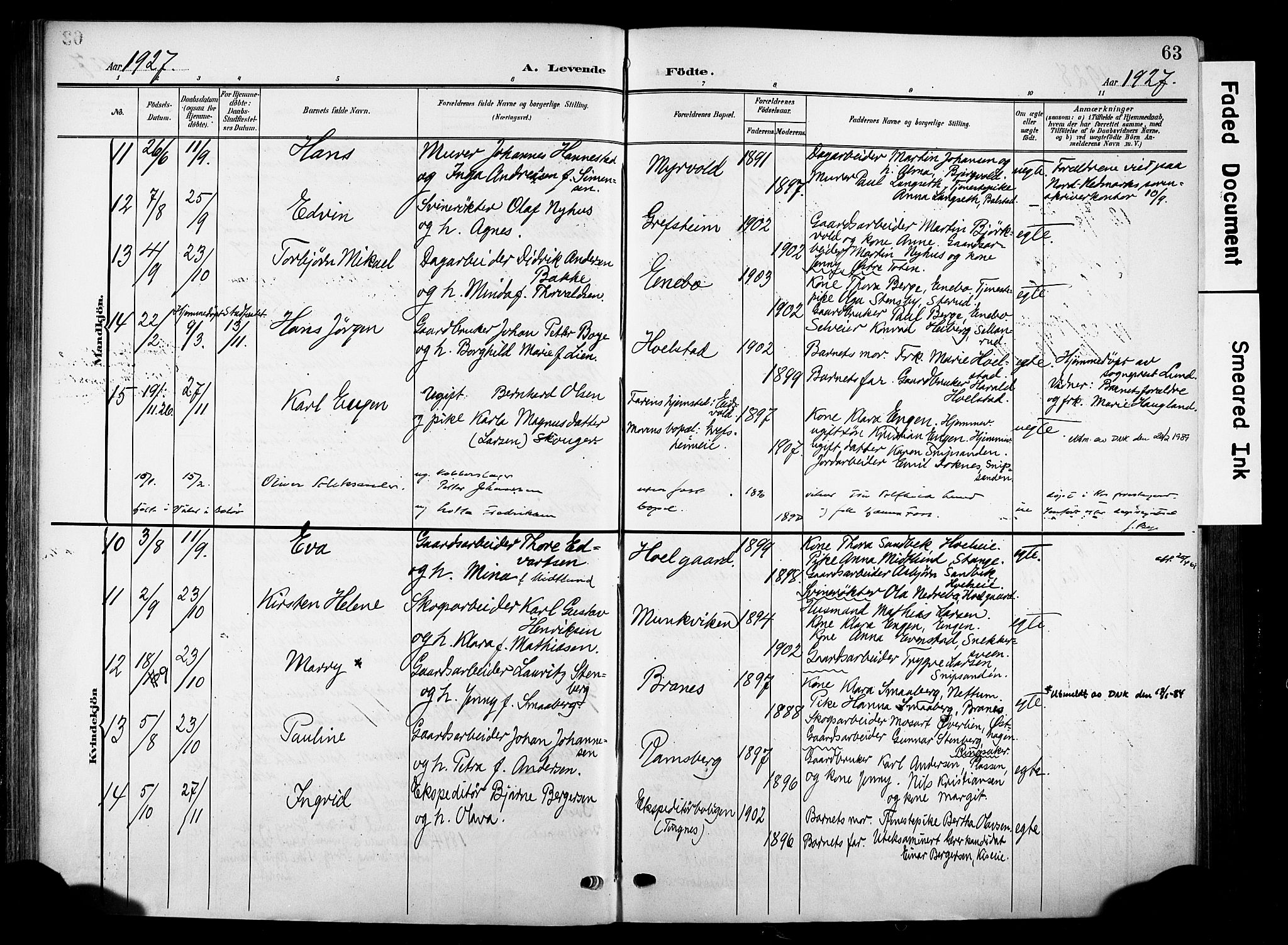 Nes prestekontor, Hedmark, SAH/PREST-020/K/Ka/L0014: Parish register (official) no. 14, 1906-1929, p. 63