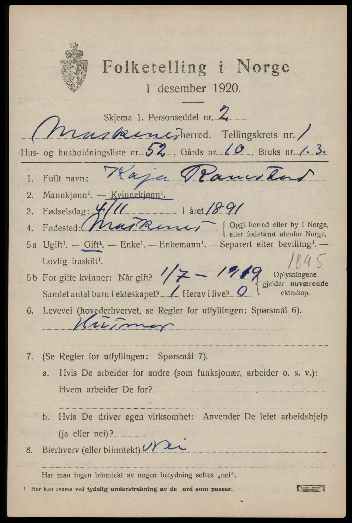 SAT, 1920 census for Moskenes, 1920, p. 1054