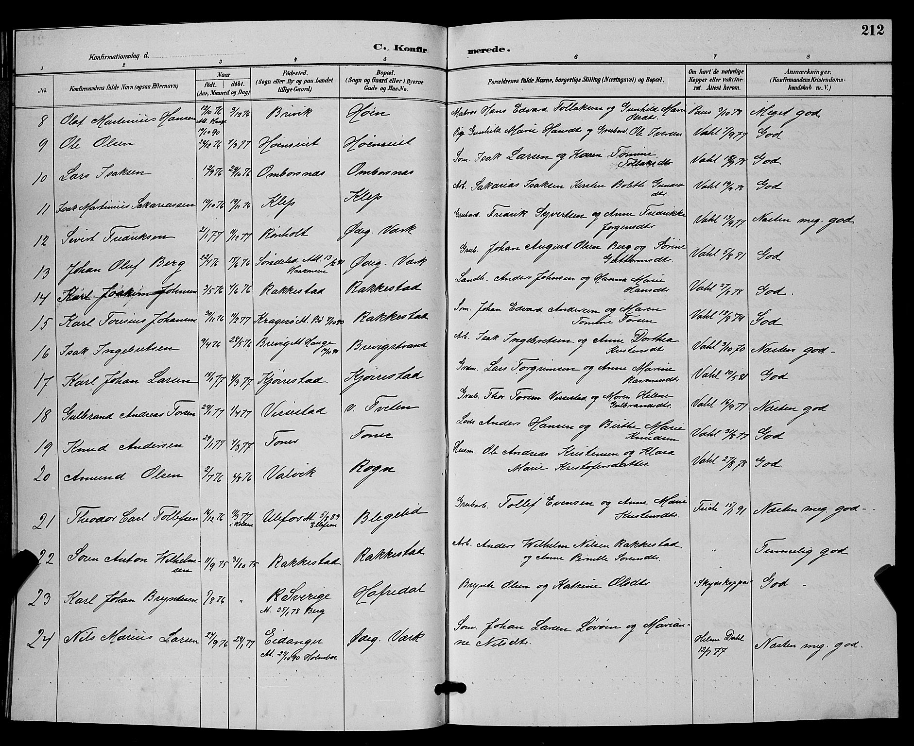 Bamble kirkebøker, SAKO/A-253/G/Ga/L0009: Parish register (copy) no. I 9, 1888-1900, p. 212