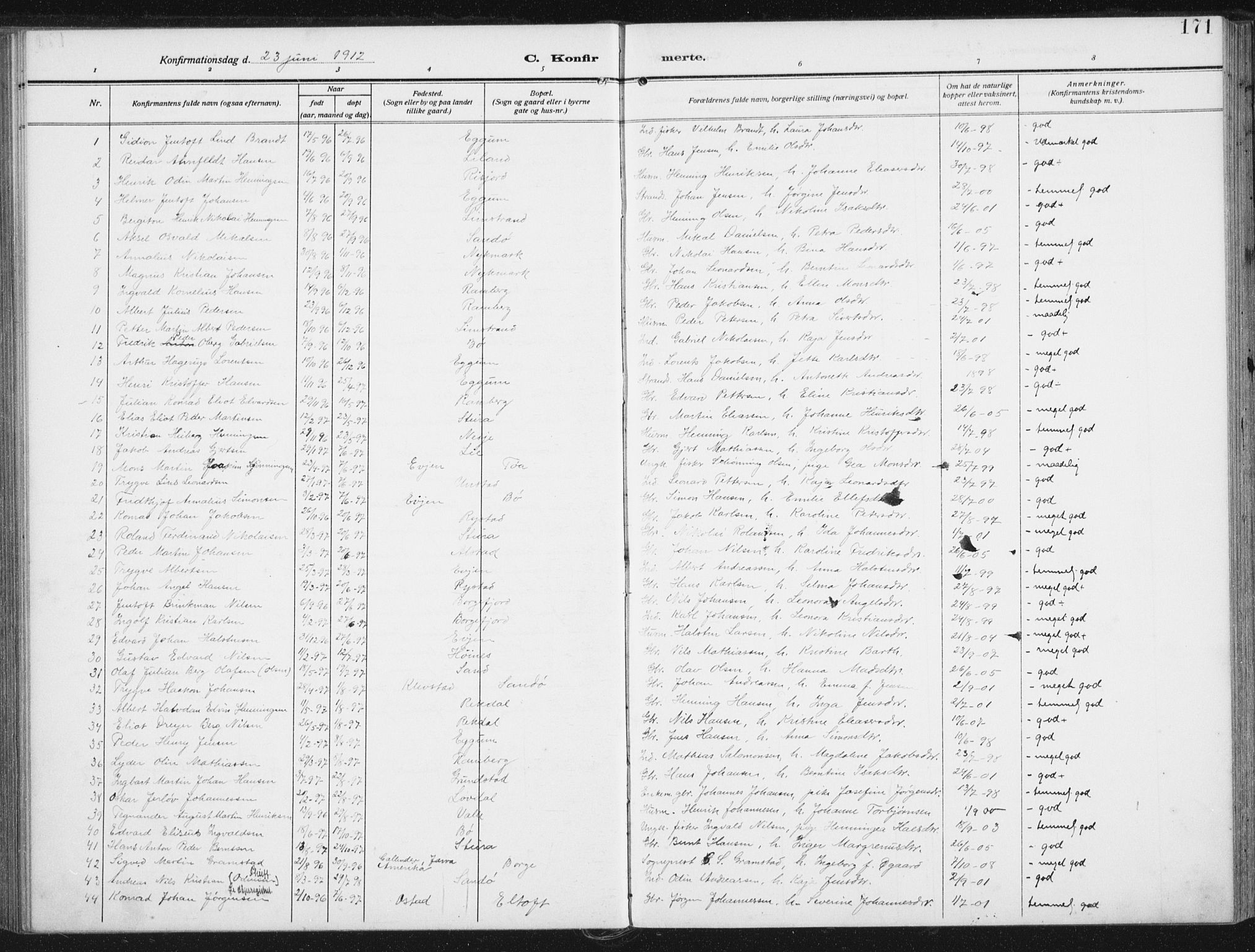 Ministerialprotokoller, klokkerbøker og fødselsregistre - Nordland, SAT/A-1459/880/L1135: Parish register (official) no. 880A09, 1908-1919, p. 171