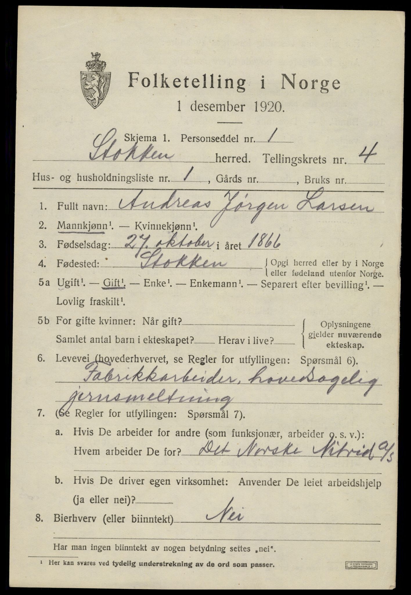 SAK, 1920 census for Stokken, 1920, p. 2456