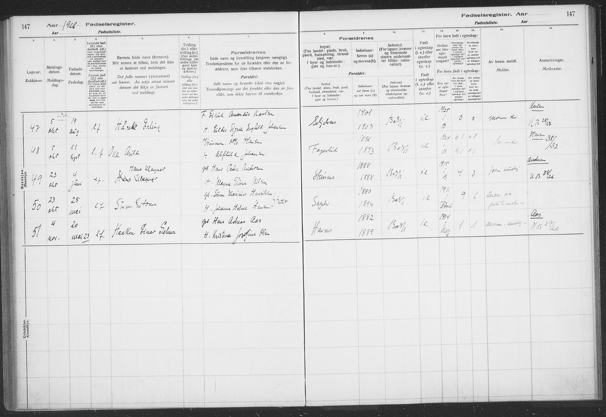 Balsfjord sokneprestembete, AV/SATØ-S-1303/H/Hb/L0059: Birth register no. 59, 1916-1930, p. 147