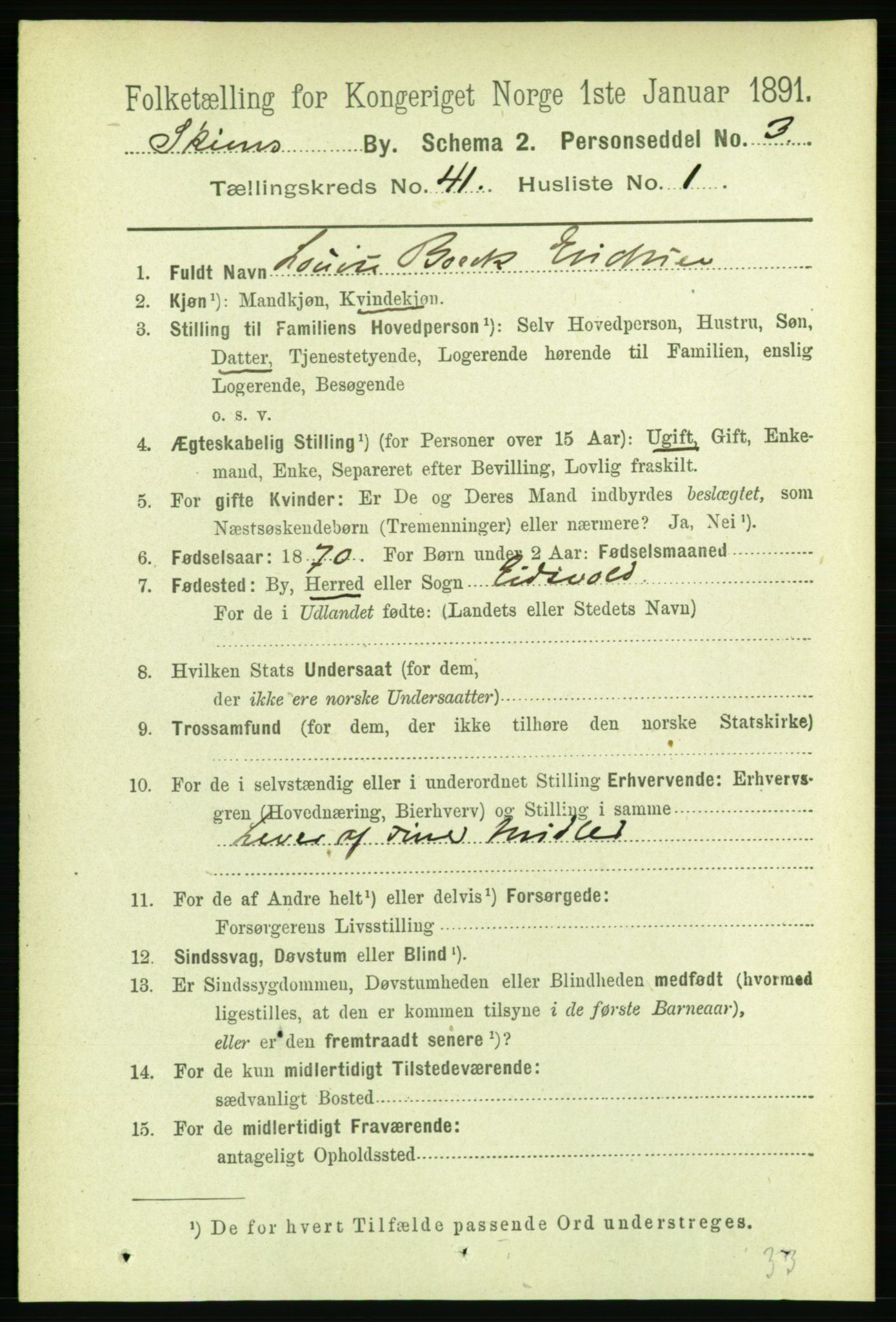 RA, 1891 census for 0806 Skien, 1891, p. 8443