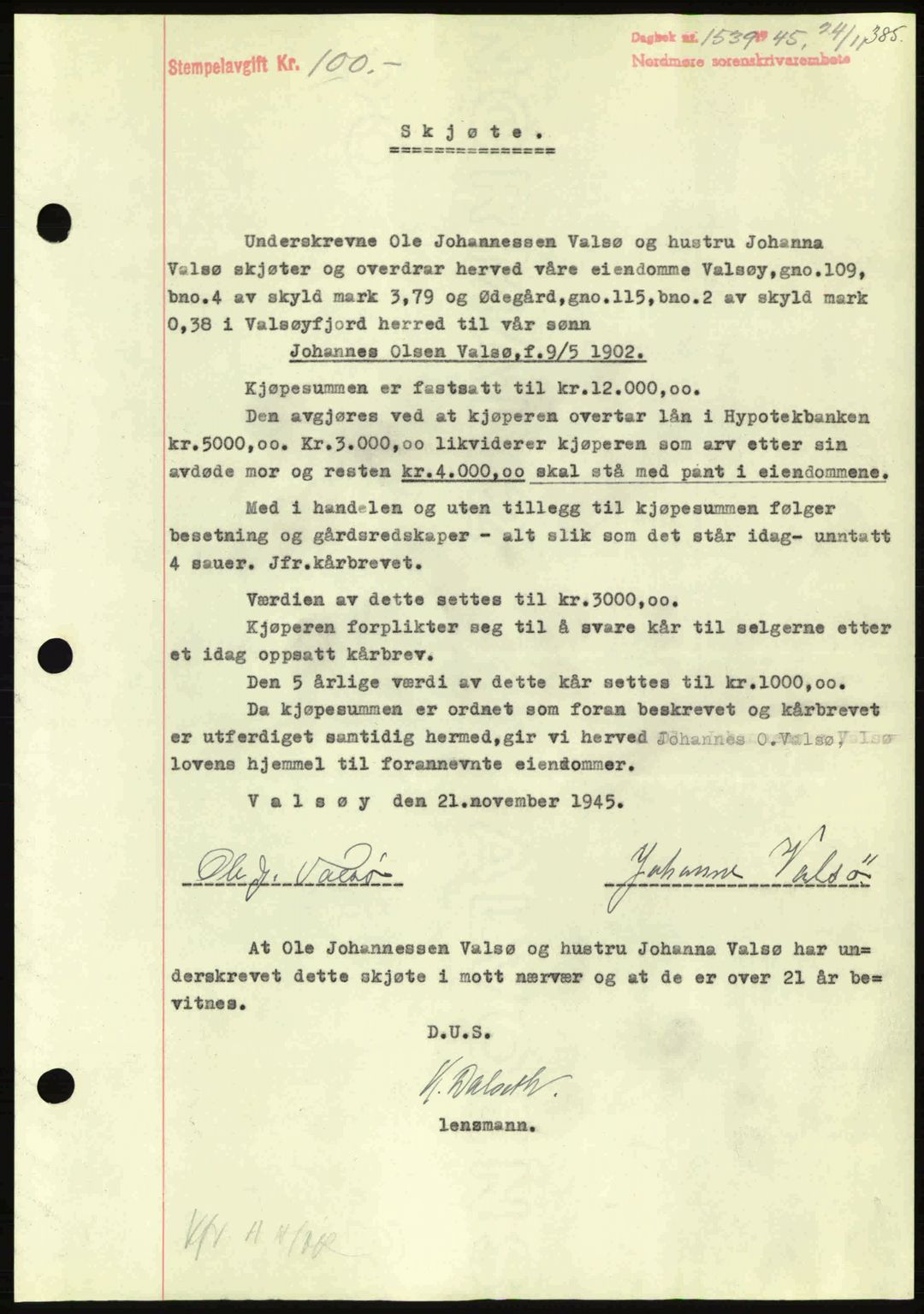 Nordmøre sorenskriveri, AV/SAT-A-4132/1/2/2Ca: Mortgage book no. A100a, 1945-1945, Diary no: : 1539/1945