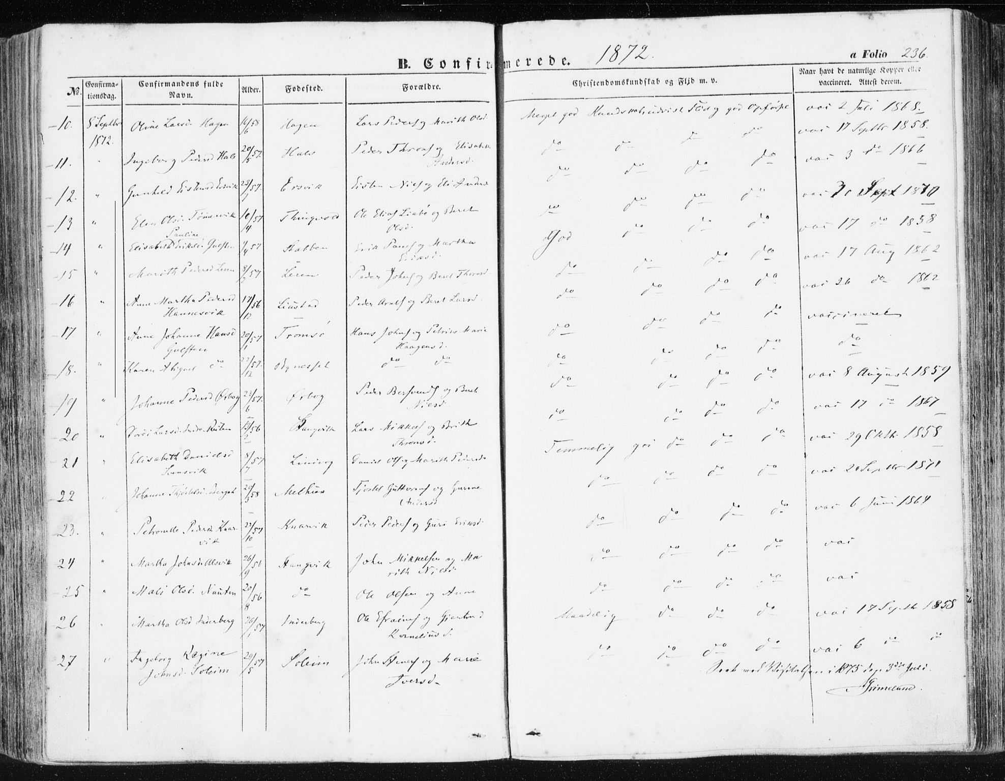 Ministerialprotokoller, klokkerbøker og fødselsregistre - Møre og Romsdal, AV/SAT-A-1454/581/L0937: Parish register (official) no. 581A05, 1853-1872, p. 236