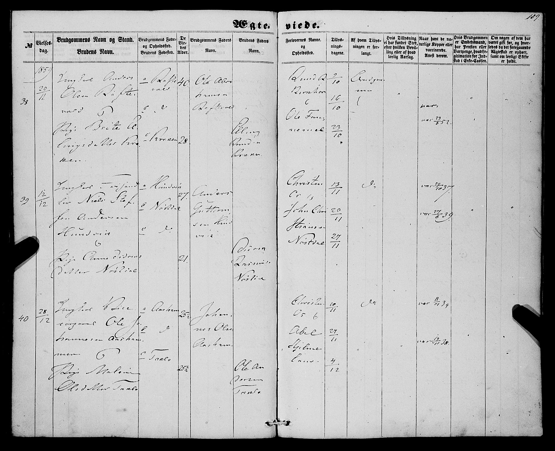 Eid sokneprestembete, SAB/A-82301/H/Haa/Haaa/L0008: Parish register (official) no. A 8, 1858-1860, p. 189