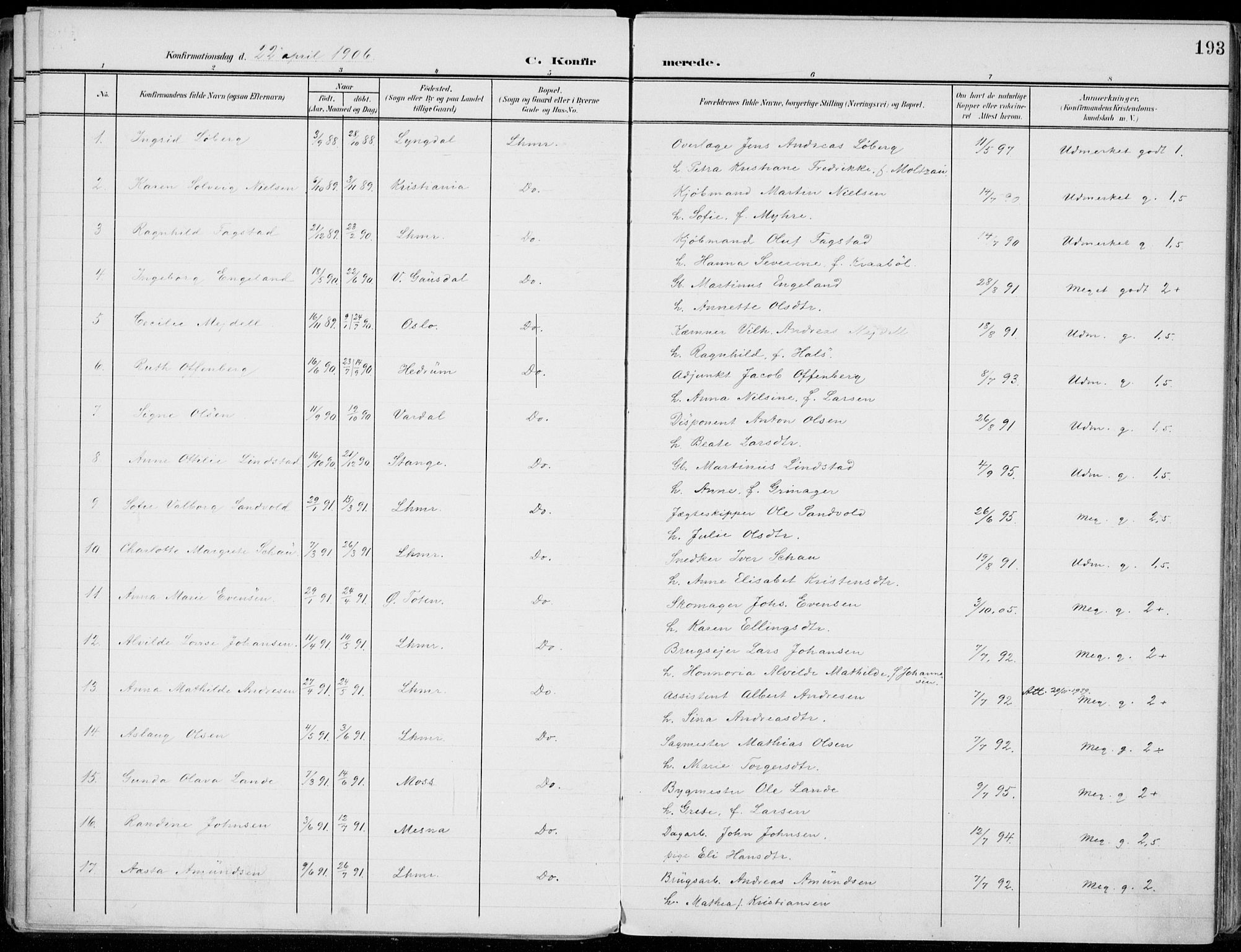 Lillehammer prestekontor, AV/SAH-PREST-088/H/Ha/Haa/L0001: Parish register (official) no. 1, 1901-1916, p. 193