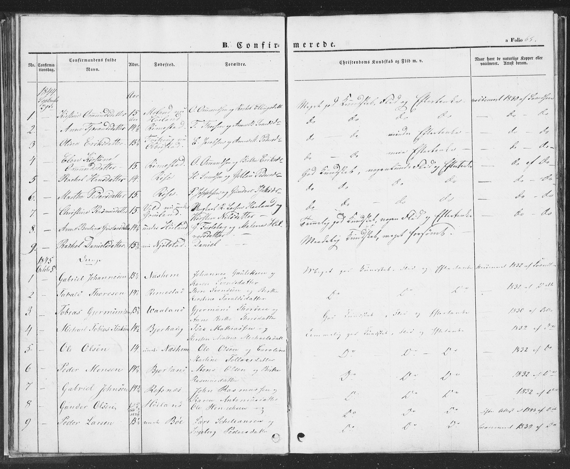 Hå sokneprestkontor, SAST/A-101801/001/30BA/L0006: Parish register (official) no. A 5, 1842-1853, p. 65