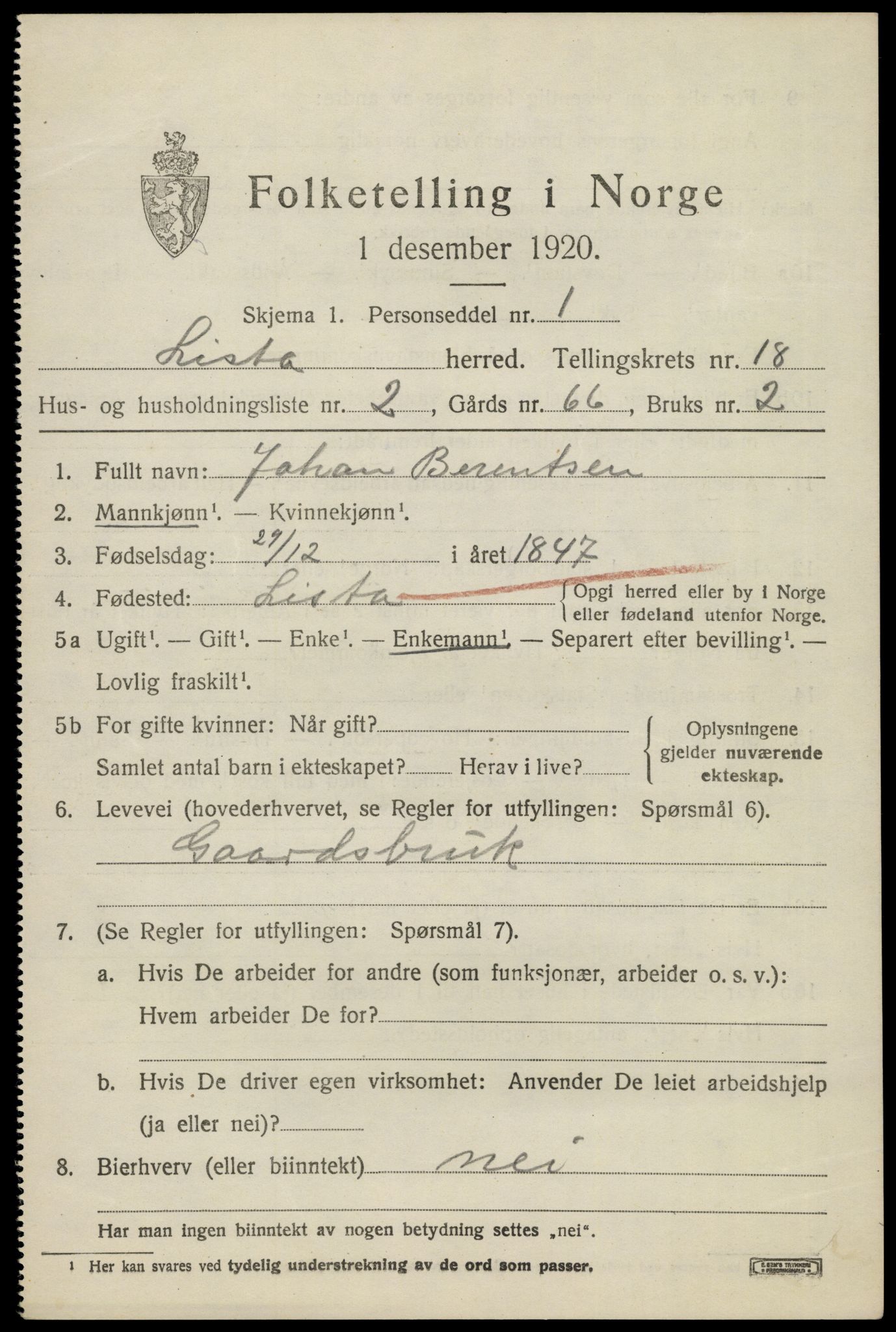 SAK, 1920 census for Lista, 1920, p. 13783