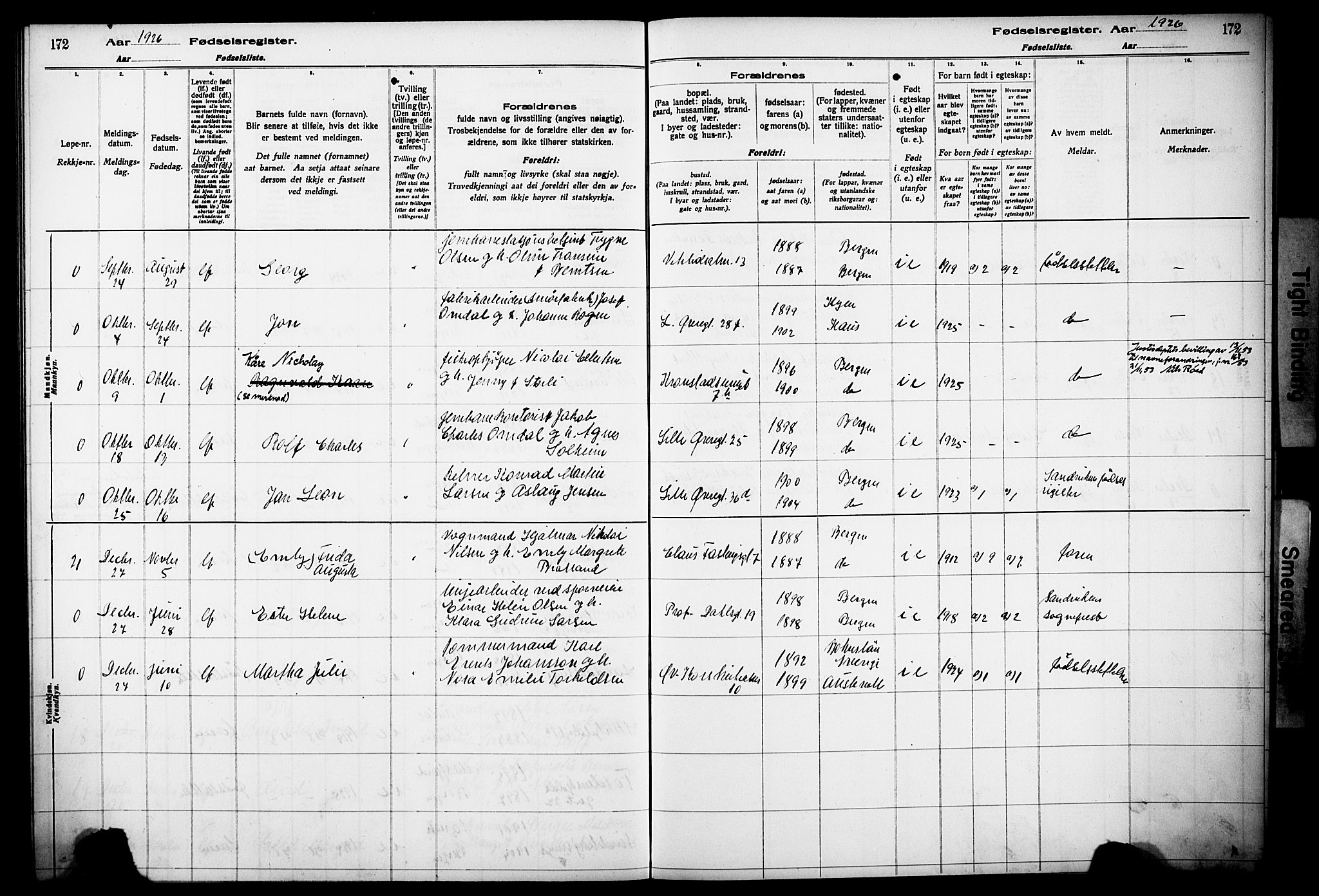 Korskirken sokneprestembete, AV/SAB-A-76101/I/Id/L00A1: Birth register no. A 1, 1916-1929, p. 172