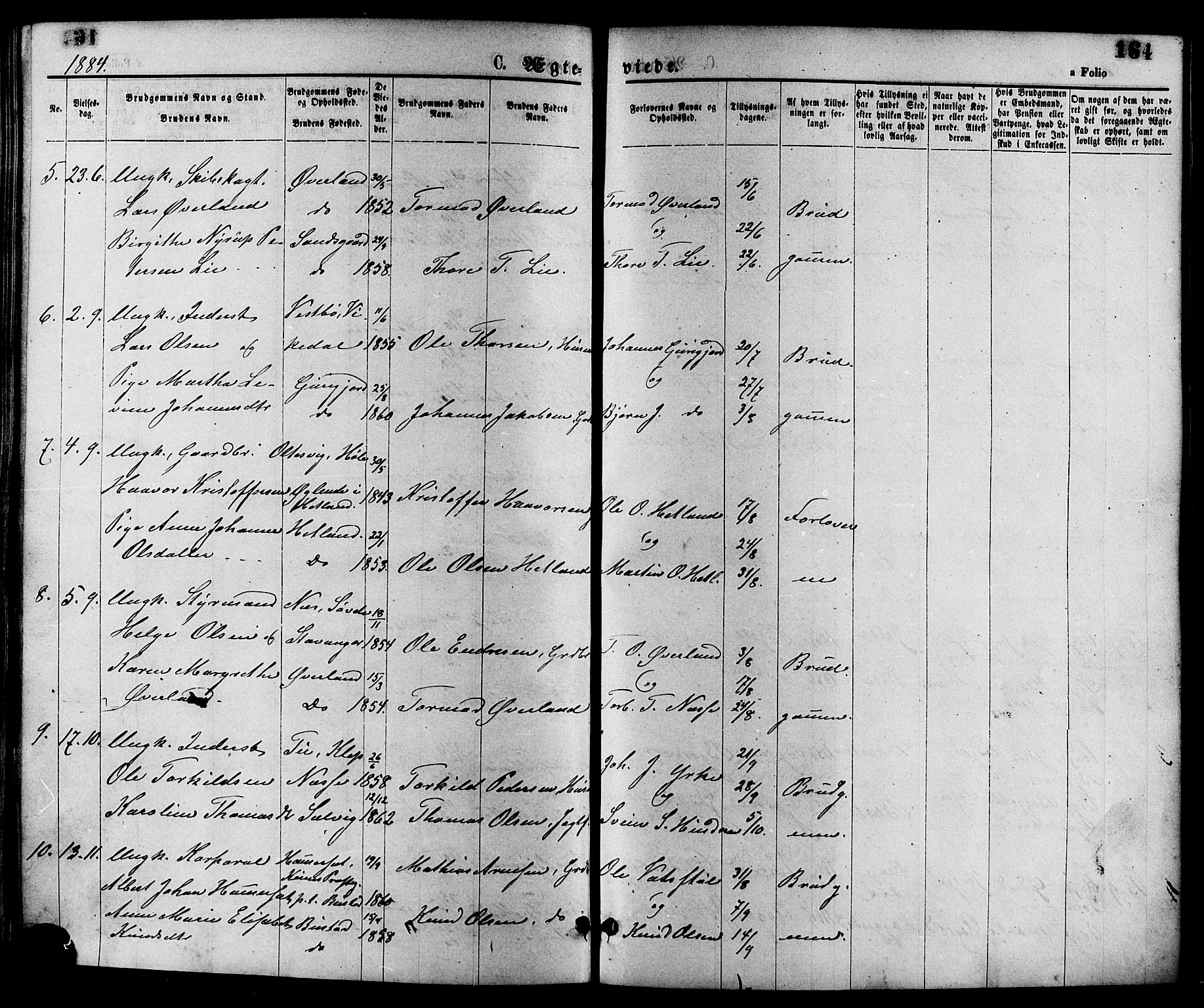 Nedstrand sokneprestkontor, SAST/A-101841/01/IV: Parish register (official) no. A 11, 1877-1887, p. 164