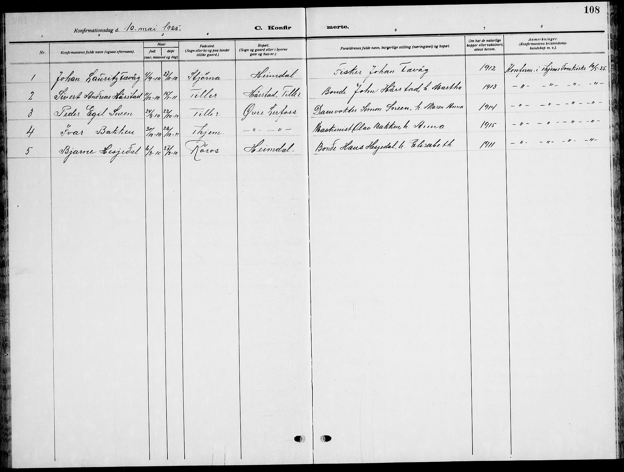 Ministerialprotokoller, klokkerbøker og fødselsregistre - Sør-Trøndelag, SAT/A-1456/621/L0462: Parish register (copy) no. 621C05, 1915-1945, p. 108