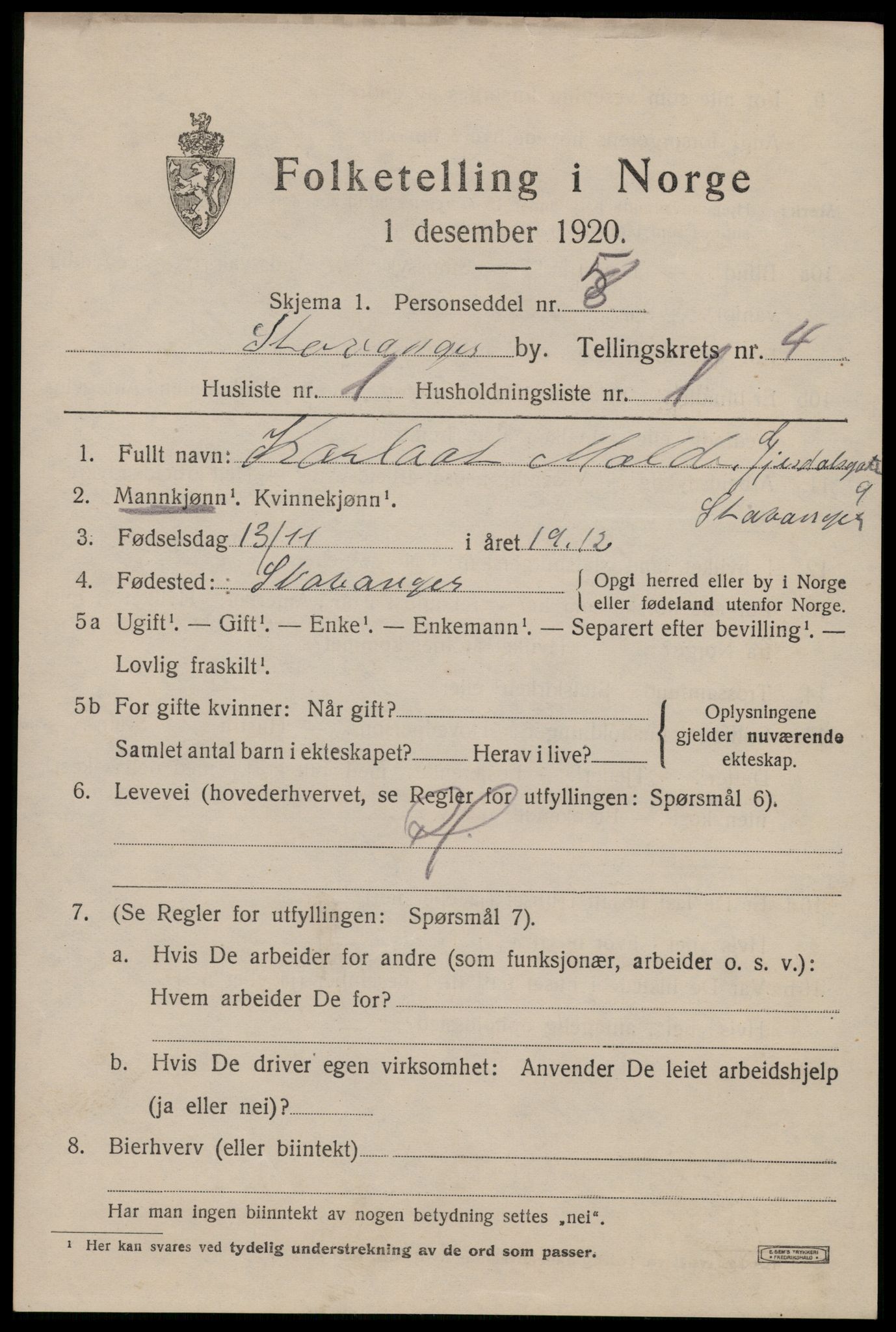 SAST, 1920 census for Stavanger, 1920, p. 37072