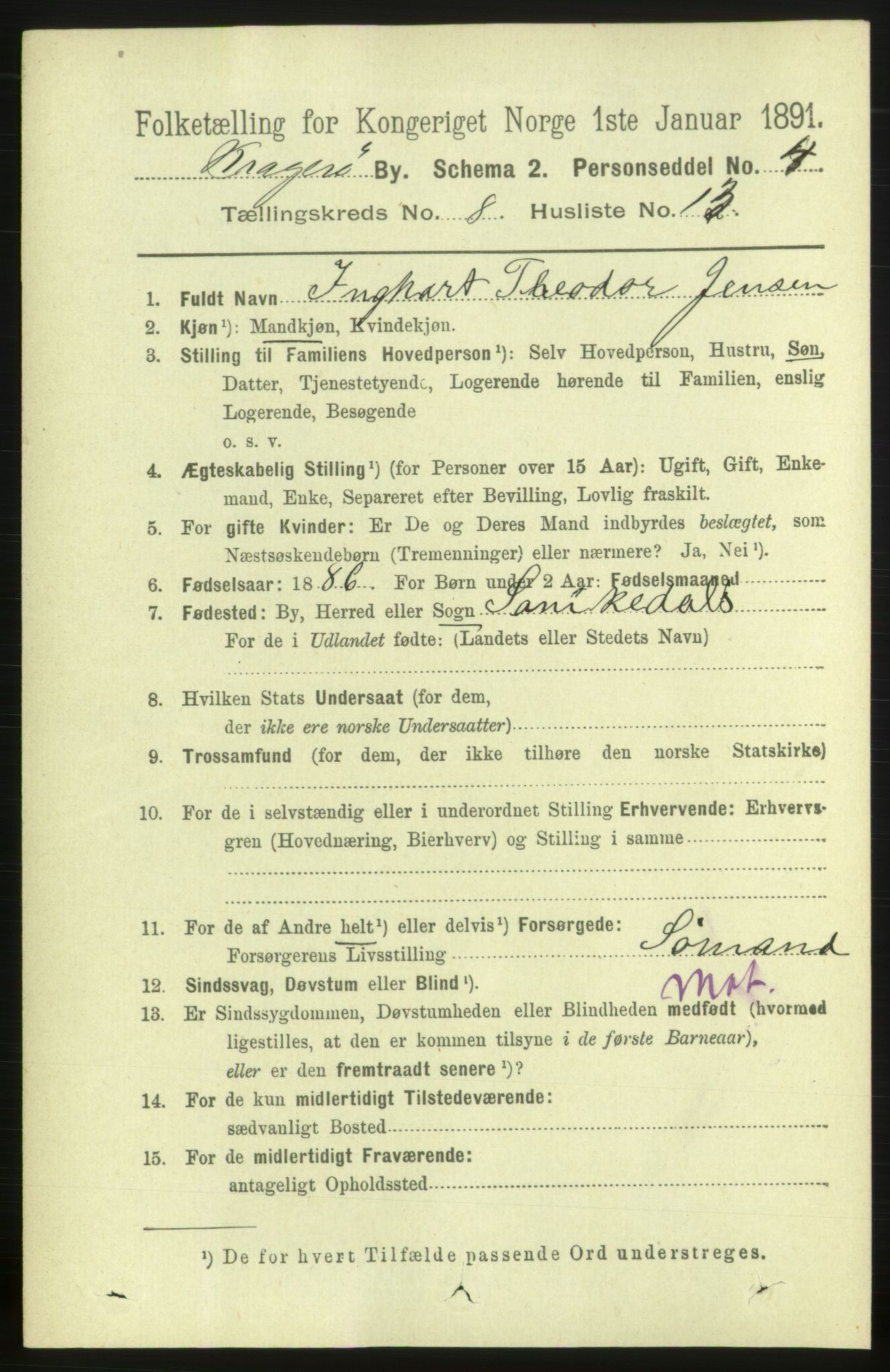 RA, 1891 census for 0801 Kragerø, 1891, p. 3654