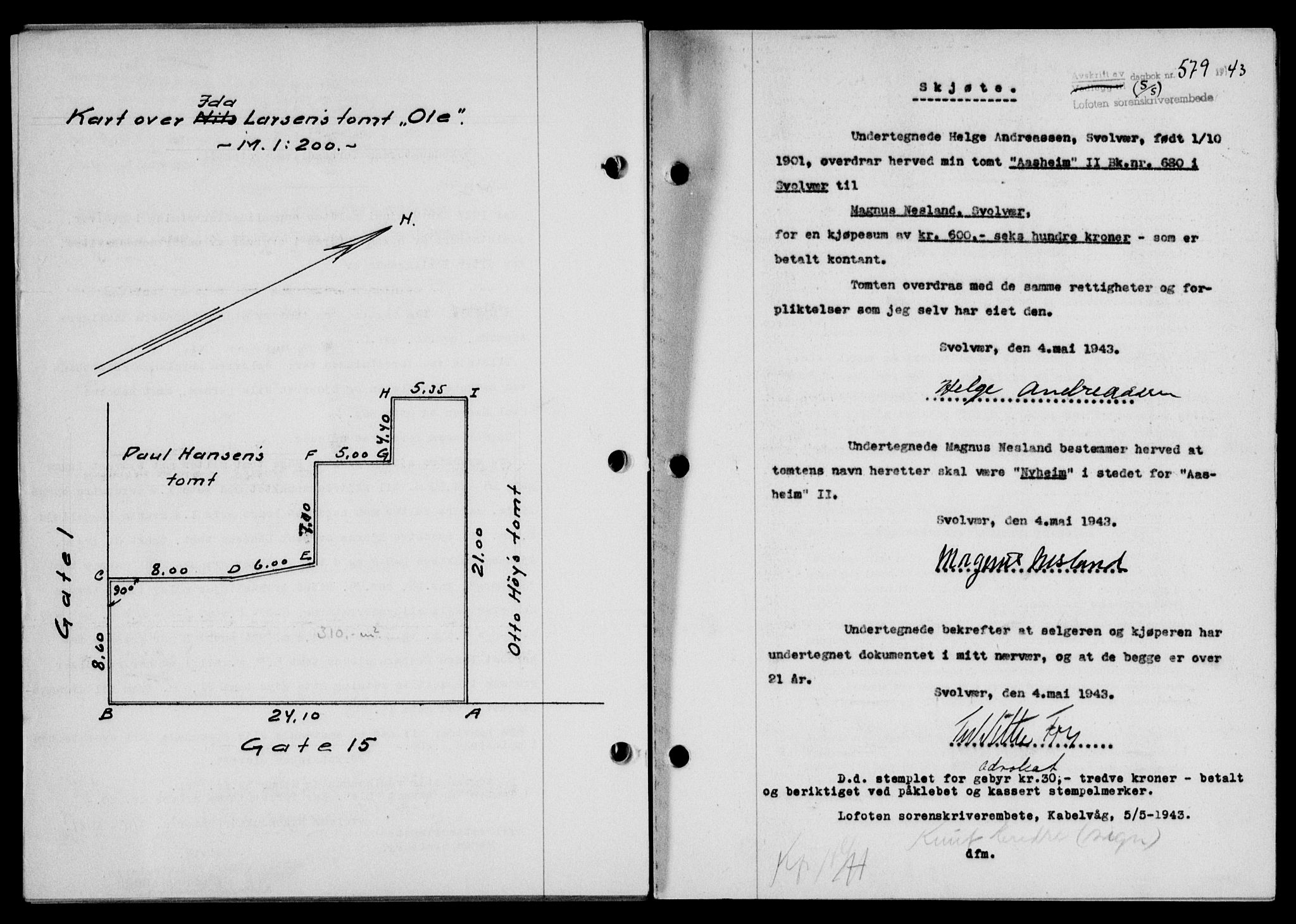 Lofoten sorenskriveri, SAT/A-0017/1/2/2C/L0011a: Mortgage book no. 11a, 1943-1943, Diary no: : 579/1943