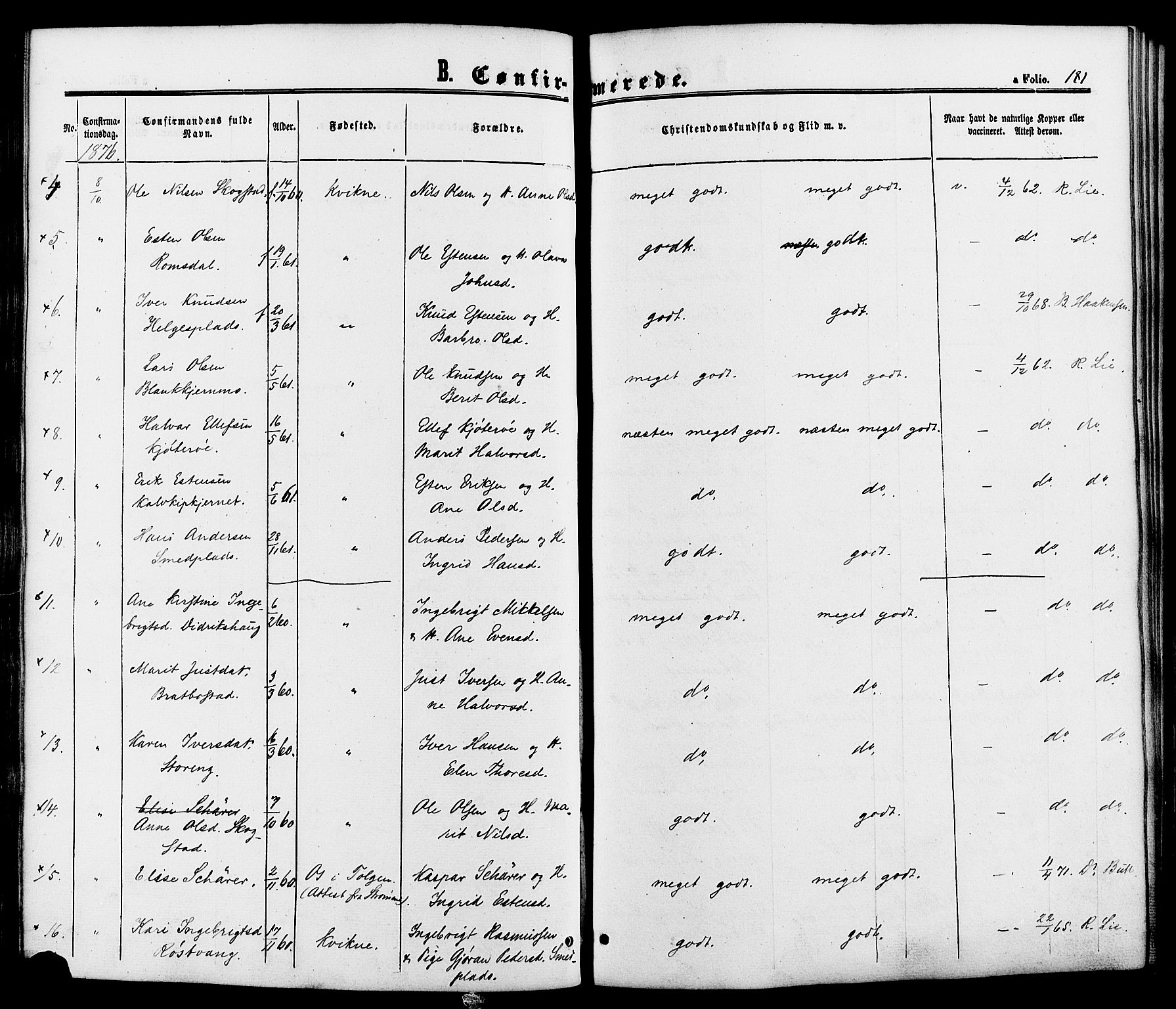 Kvikne prestekontor, AV/SAH-PREST-064/H/Ha/Haa/L0006: Parish register (official) no. 6, 1863-1886, p. 181