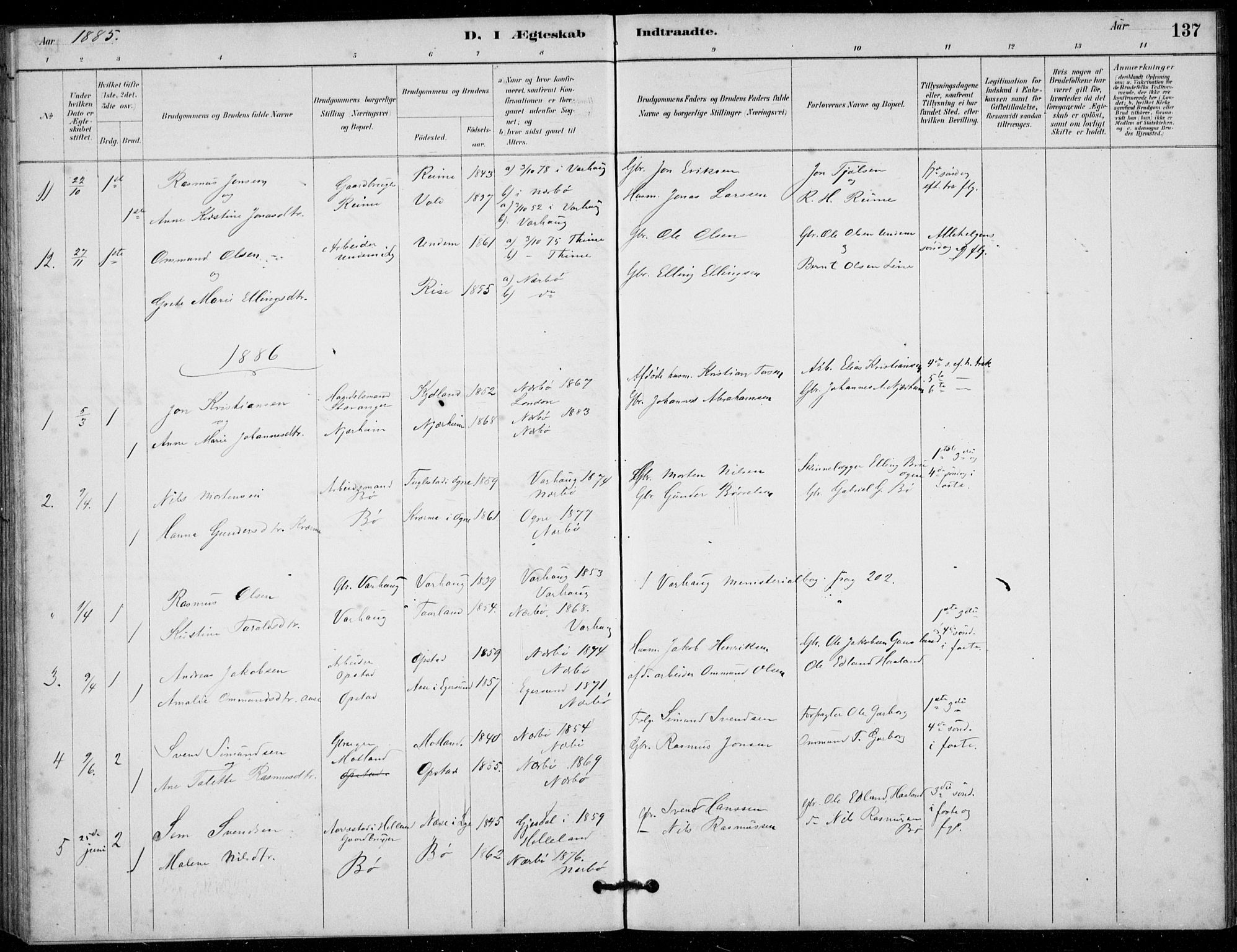 Hå sokneprestkontor, AV/SAST-A-101801/001/30BB/L0003: Parish register (copy) no. B 3, 1883-1894, p. 137