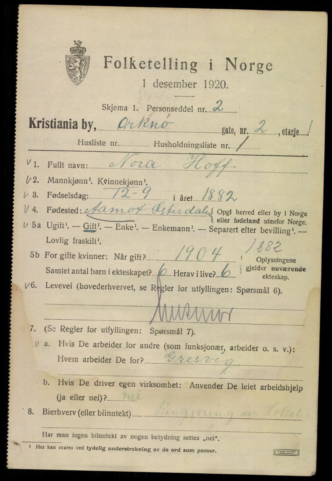 SAO, 1920 census for Kristiania, 1920, p. 434885