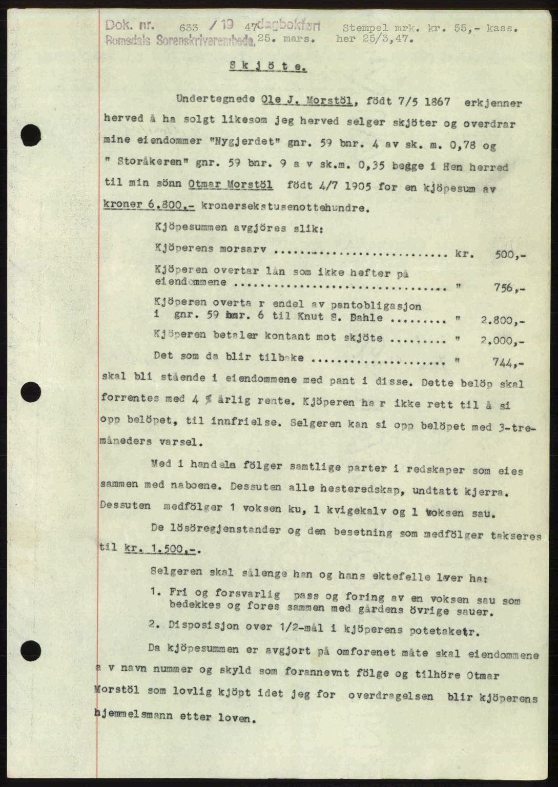 Romsdal sorenskriveri, AV/SAT-A-4149/1/2/2C: Mortgage book no. A22, 1947-1947, Diary no: : 633/1947