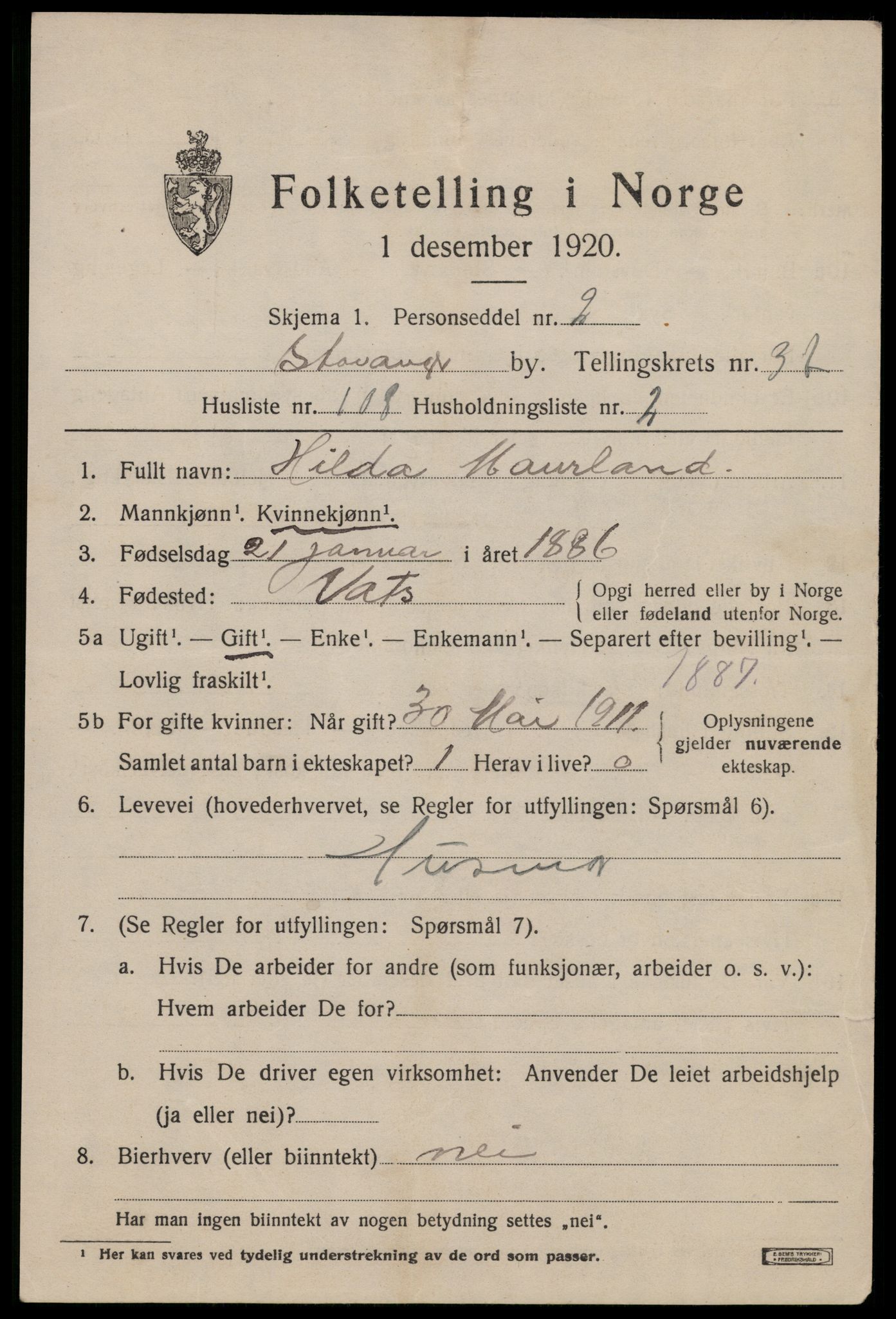 SAST, 1920 census for Stavanger, 1920, p. 99238