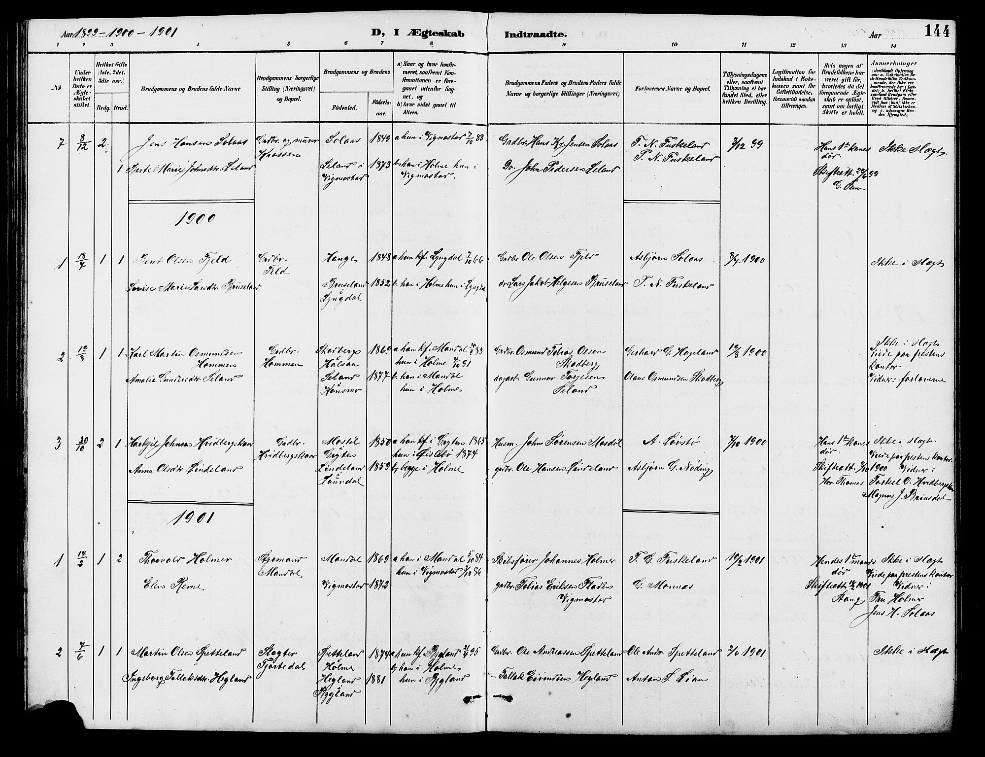 Holum sokneprestkontor, SAK/1111-0022/F/Fb/Fba/L0005: Parish register (copy) no. B 5, 1891-1909, p. 144