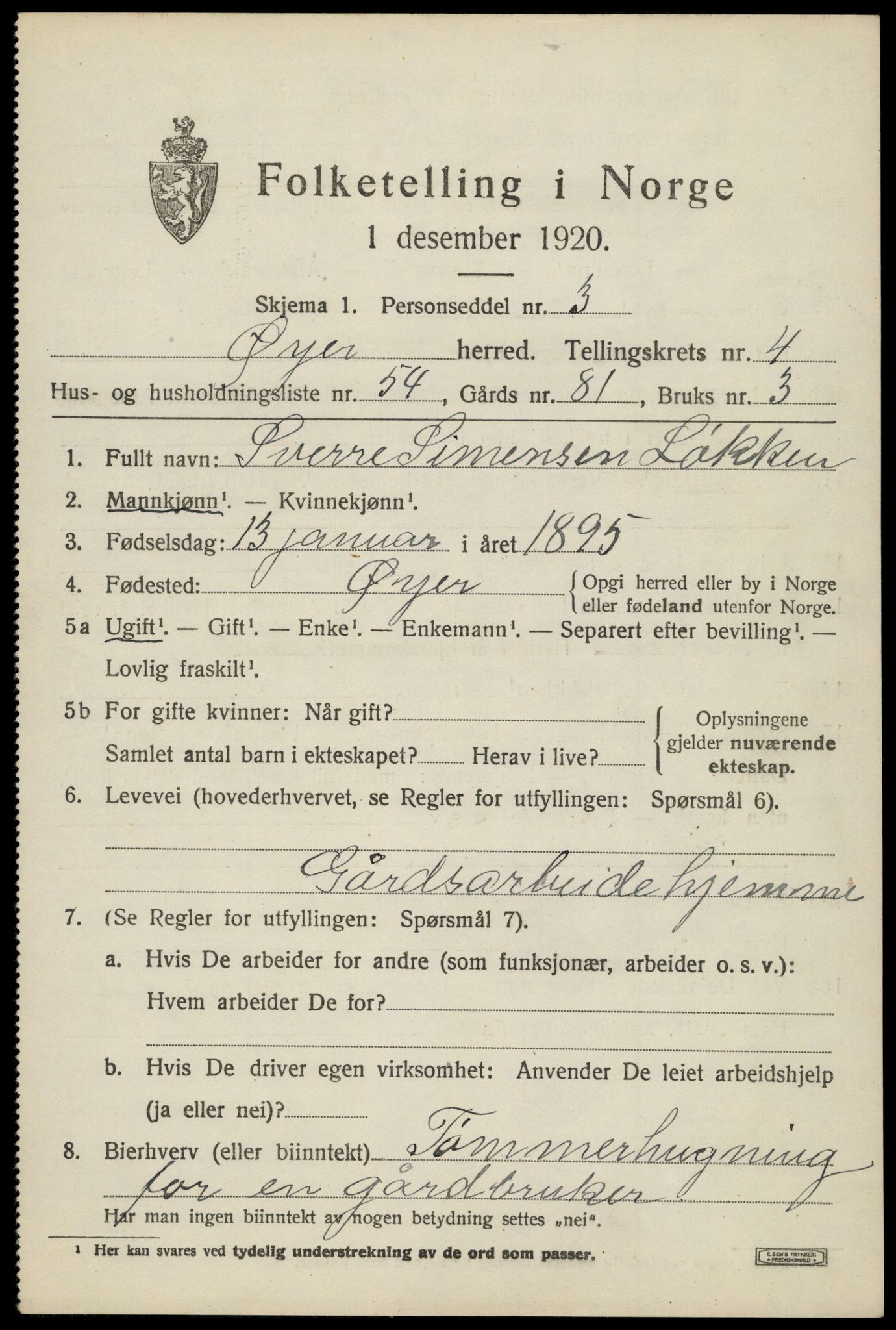 SAH, 1920 census for Øyer, 1920, p. 4449