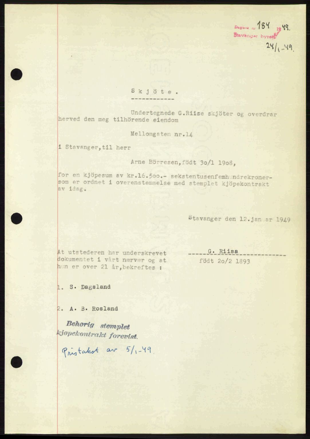 Stavanger byrett, SAST/A-100455/002/G/Gb/L0023: Mortgage book no. A12, 1948-1949, Diary no: : 184/1949