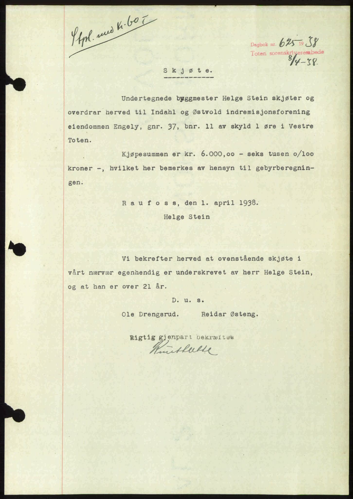 Toten tingrett, SAH/TING-006/H/Hb/Hbc/L0004: Mortgage book no. Hbc-04, 1938-1938, Diary no: : 625/1938