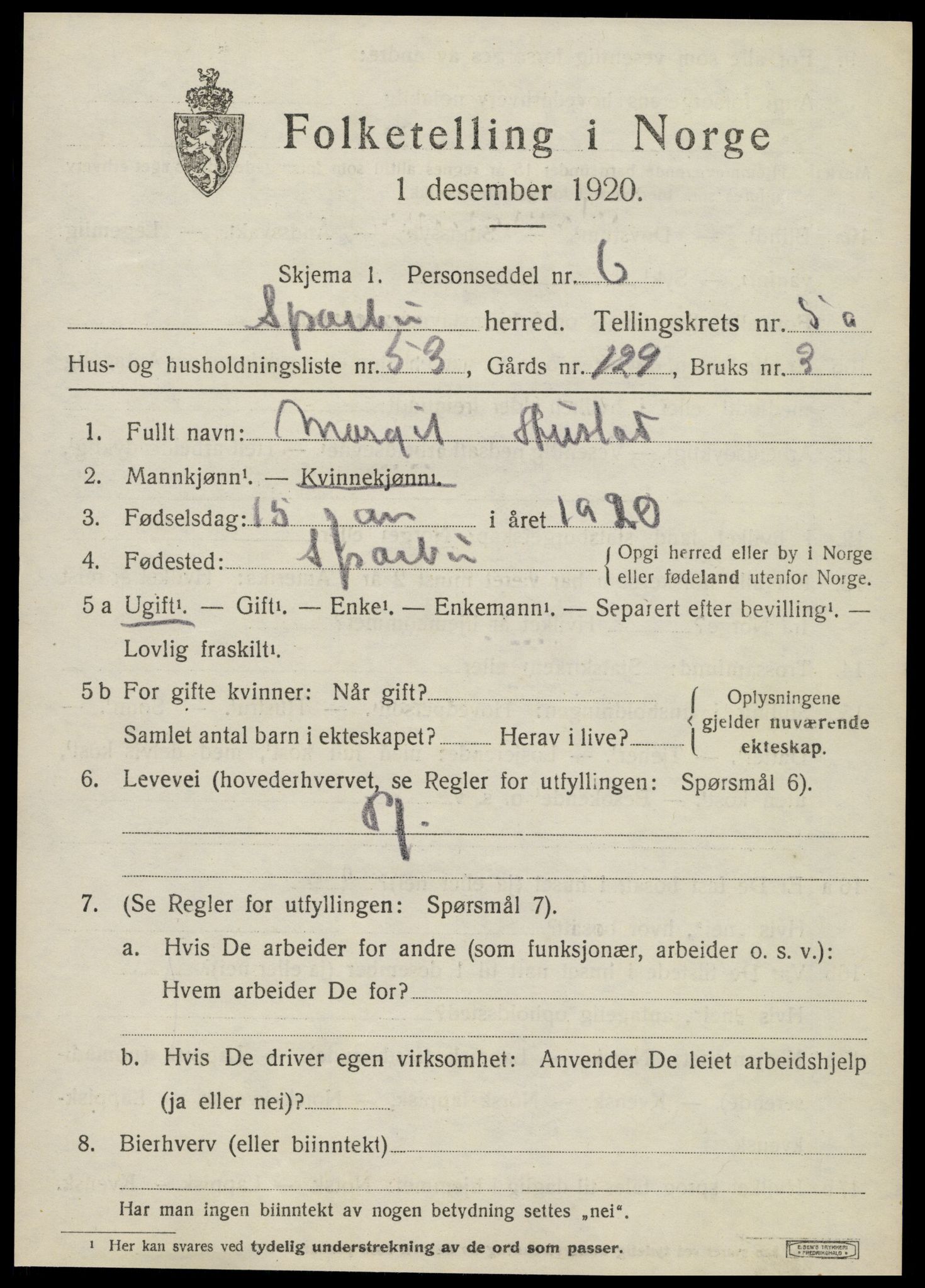 SAT, 1920 census for Sparbu, 1920, p. 6805
