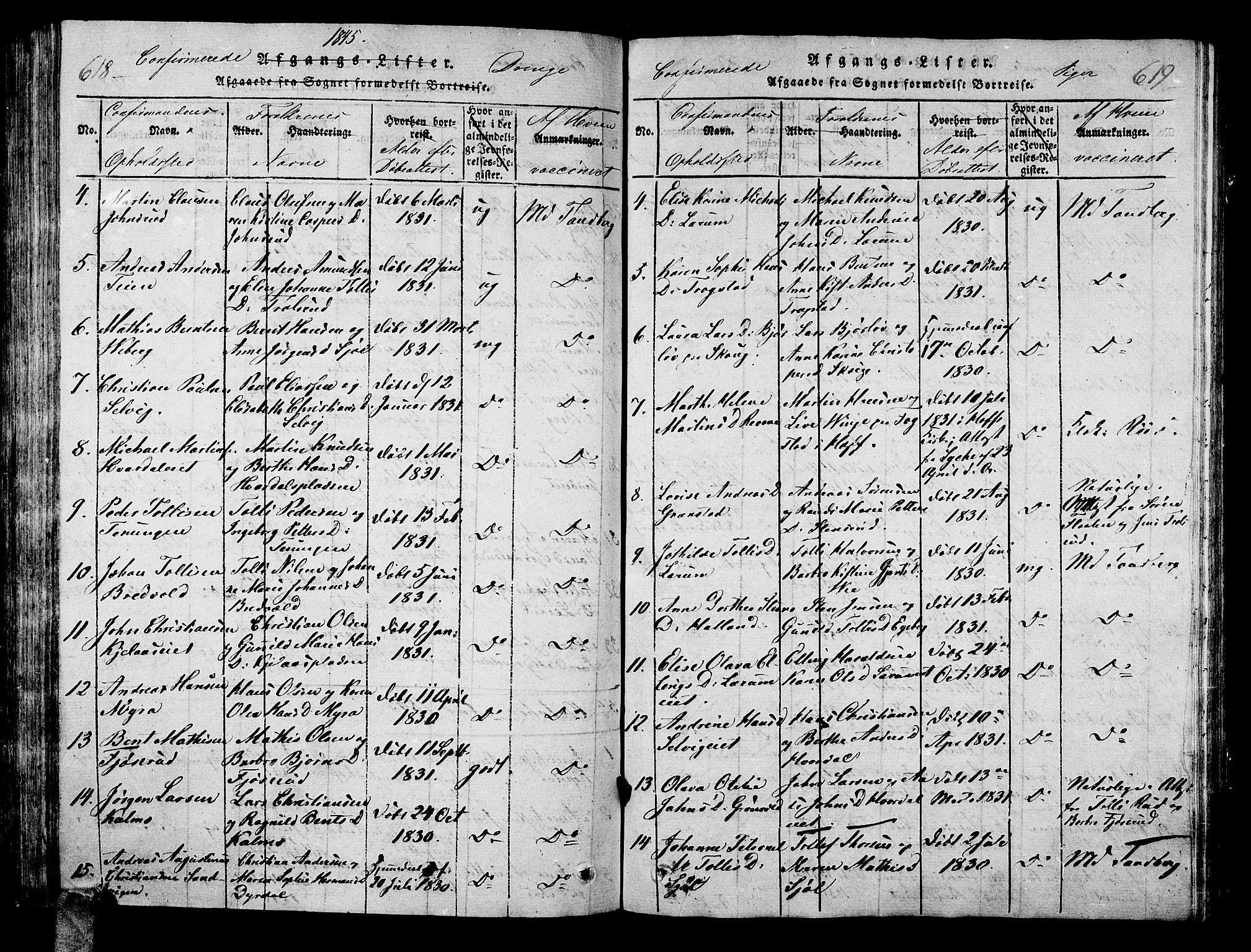 Sande Kirkebøker, AV/SAKO-A-53/G/Ga/L0001: Parish register (copy) no. 1, 1814-1847, p. 618-619