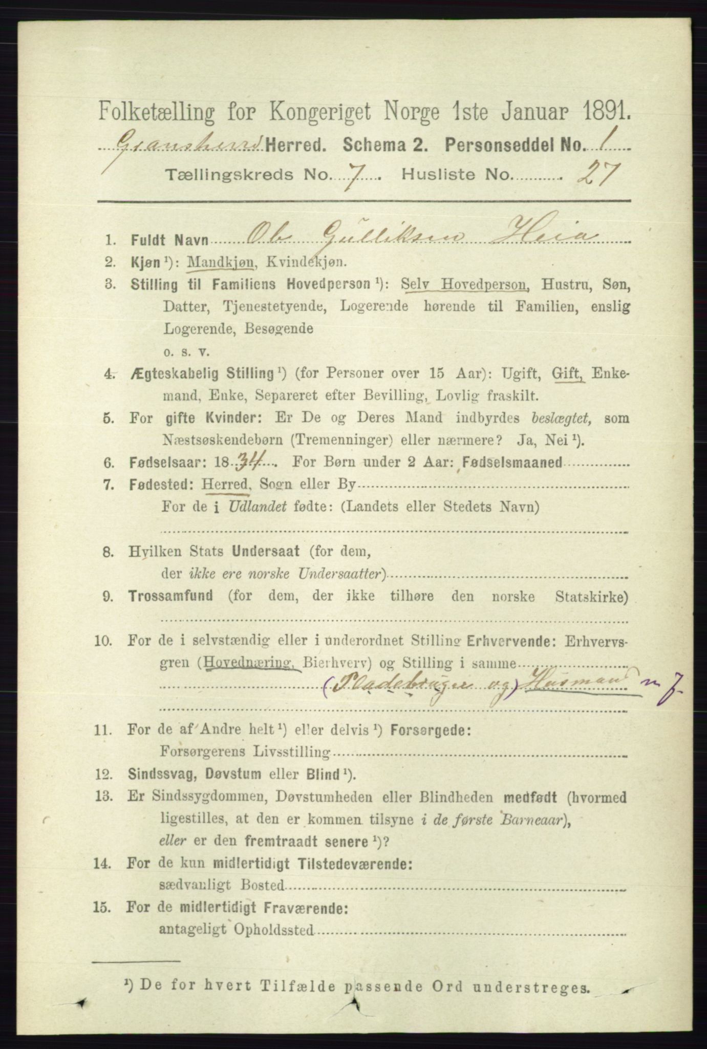 RA, 1891 census for 0824 Gransherad, 1891, p. 1358