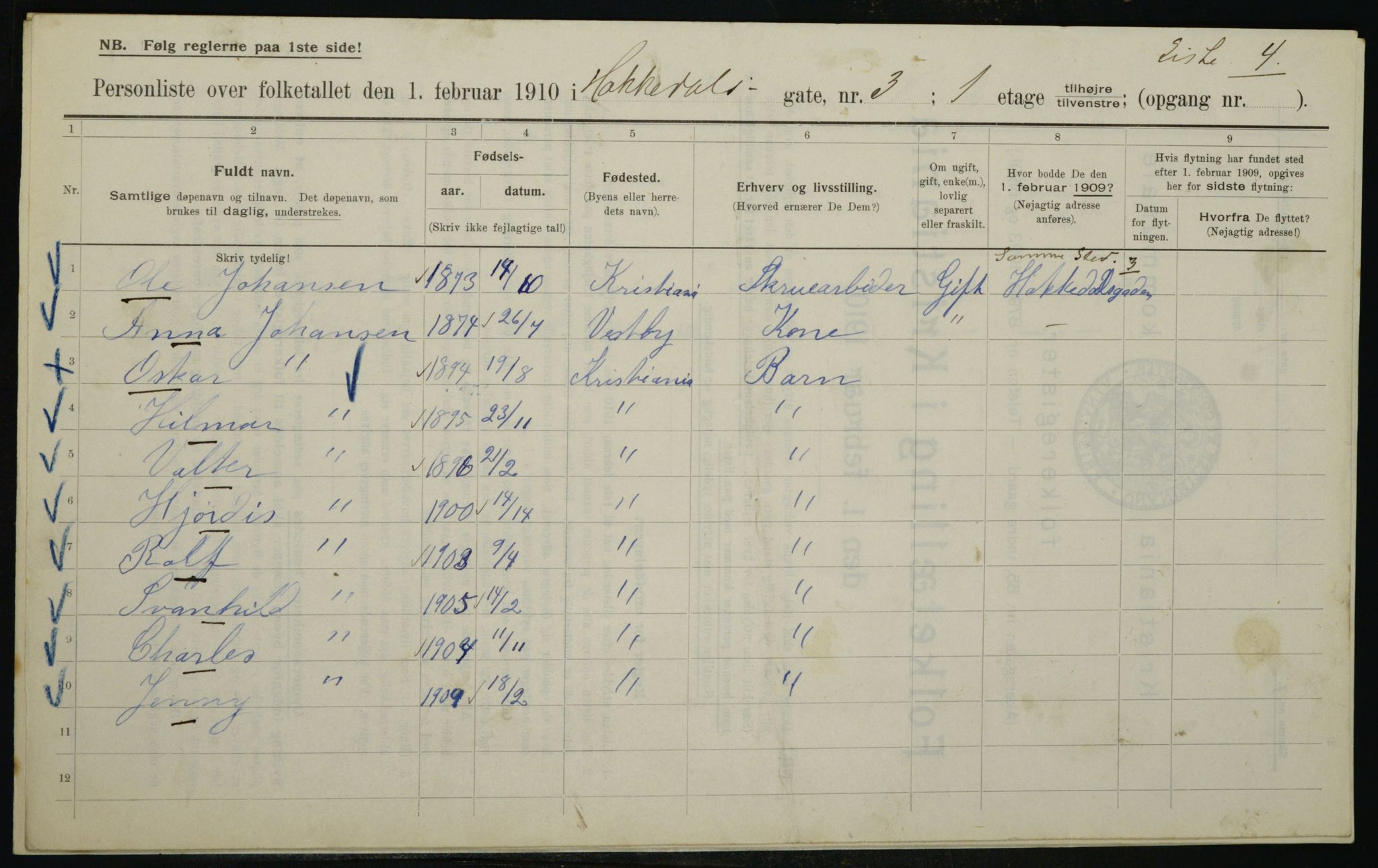 OBA, Municipal Census 1910 for Kristiania, 1910, p. 31952