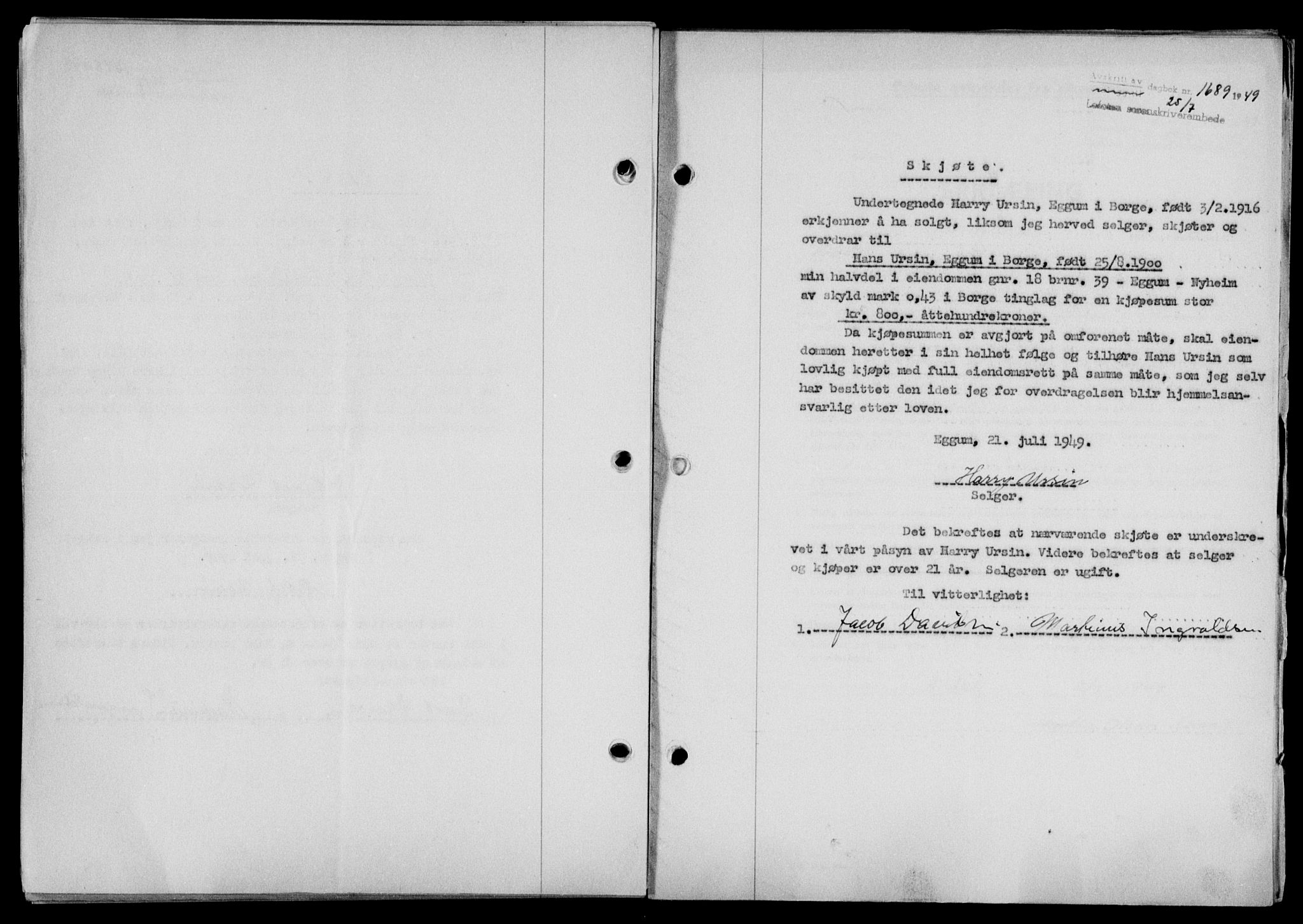 Lofoten sorenskriveri, SAT/A-0017/1/2/2C/L0021a: Mortgage book no. 21a, 1949-1949, Diary no: : 1689/1949