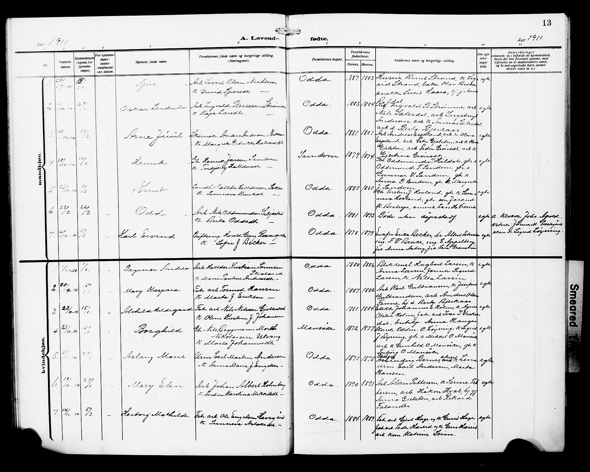 Odda Sokneprestembete, SAB/A-77201/H/Hab: Parish register (copy) no. A 8, 1910-1923, p. 13