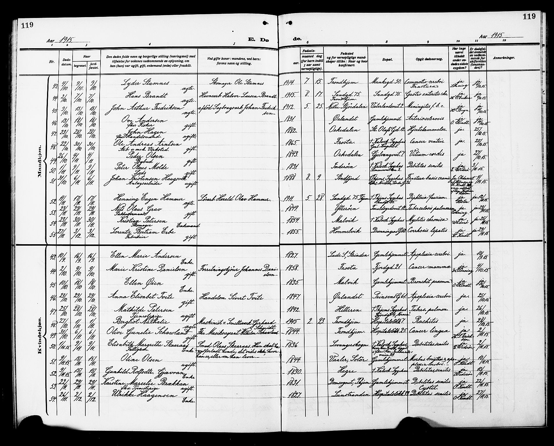 Ministerialprotokoller, klokkerbøker og fødselsregistre - Sør-Trøndelag, SAT/A-1456/602/L0147: Parish register (copy) no. 602C15, 1911-1924, p. 119