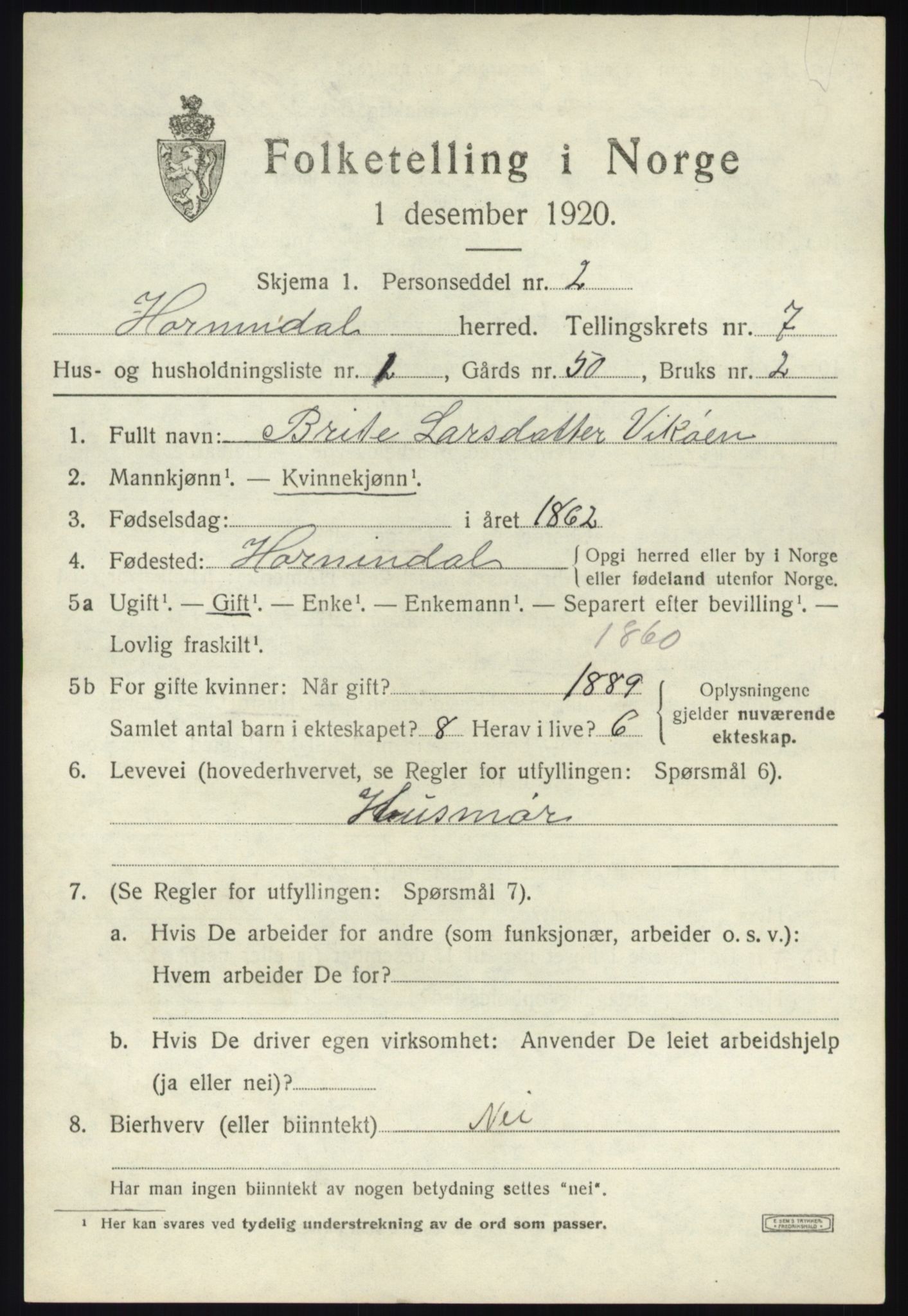 SAB, 1920 census for Hornindal, 1920, p. 3416