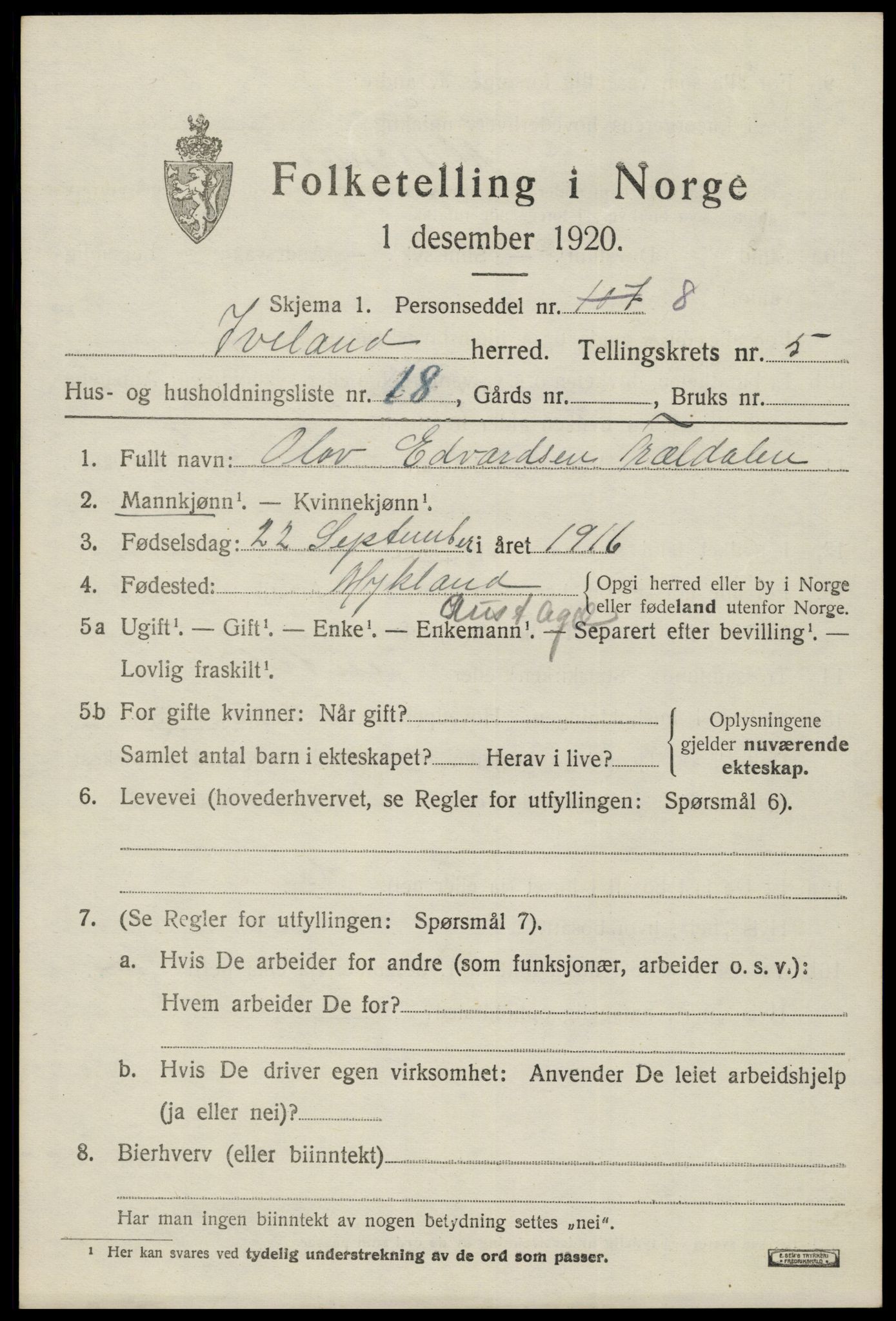 SAK, 1920 census for Iveland, 1920, p. 1799